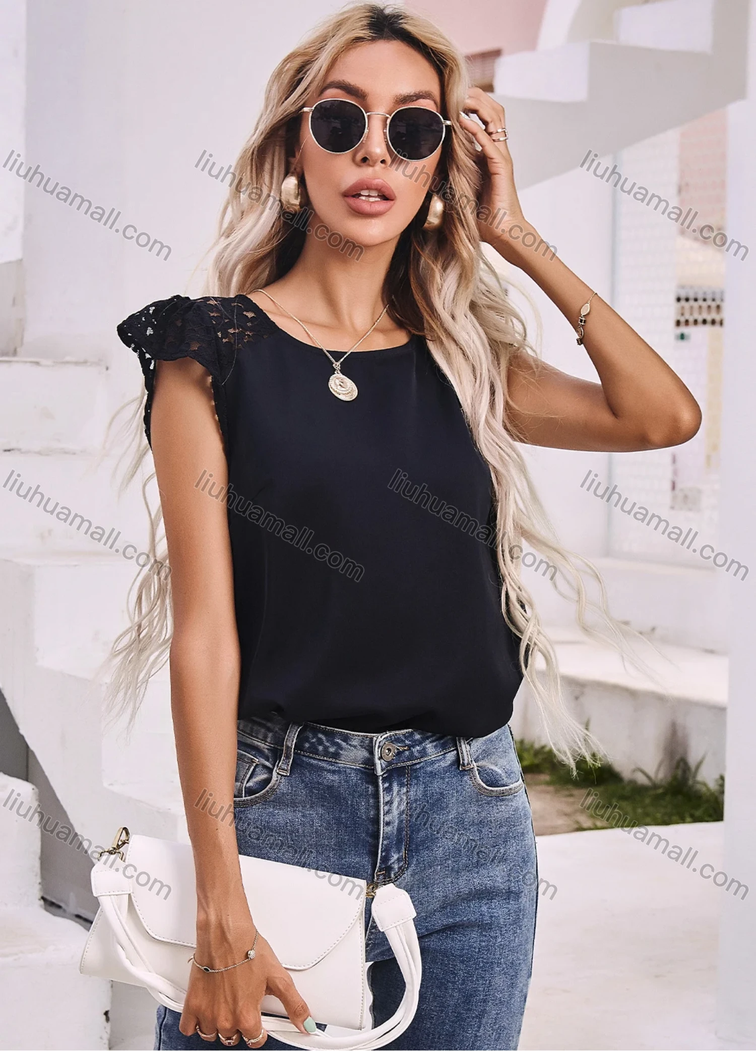 Wholesale Women's Casual Round Neck Guipure Lace Trim Slim Fit Butterfly Sleeve Blouse A21033L# - Liuhuamall