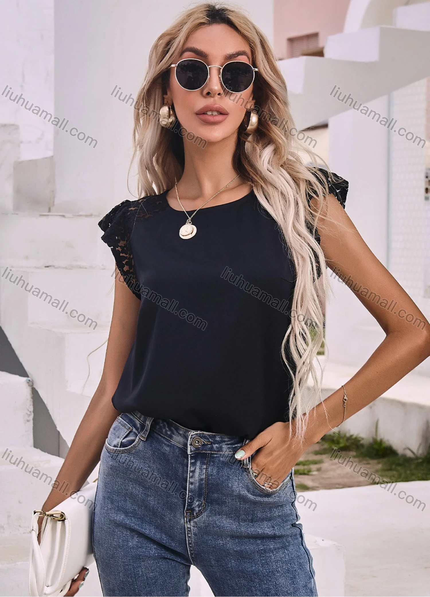 Wholesale Women's Casual Round Neck Guipure Lace Trim Slim Fit Butterfly Sleeve Blouse A21033L# - Liuhuamall