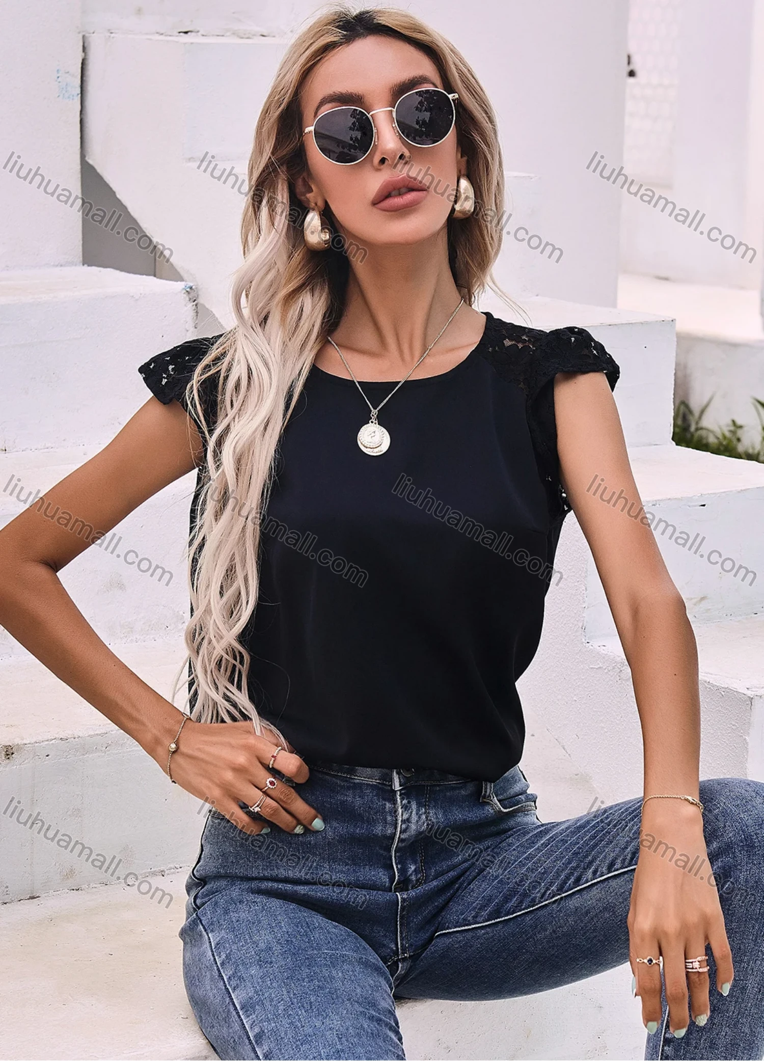 Wholesale Women's Casual Round Neck Guipure Lace Trim Slim Fit Butterfly Sleeve Blouse A21033L# - Liuhuamall