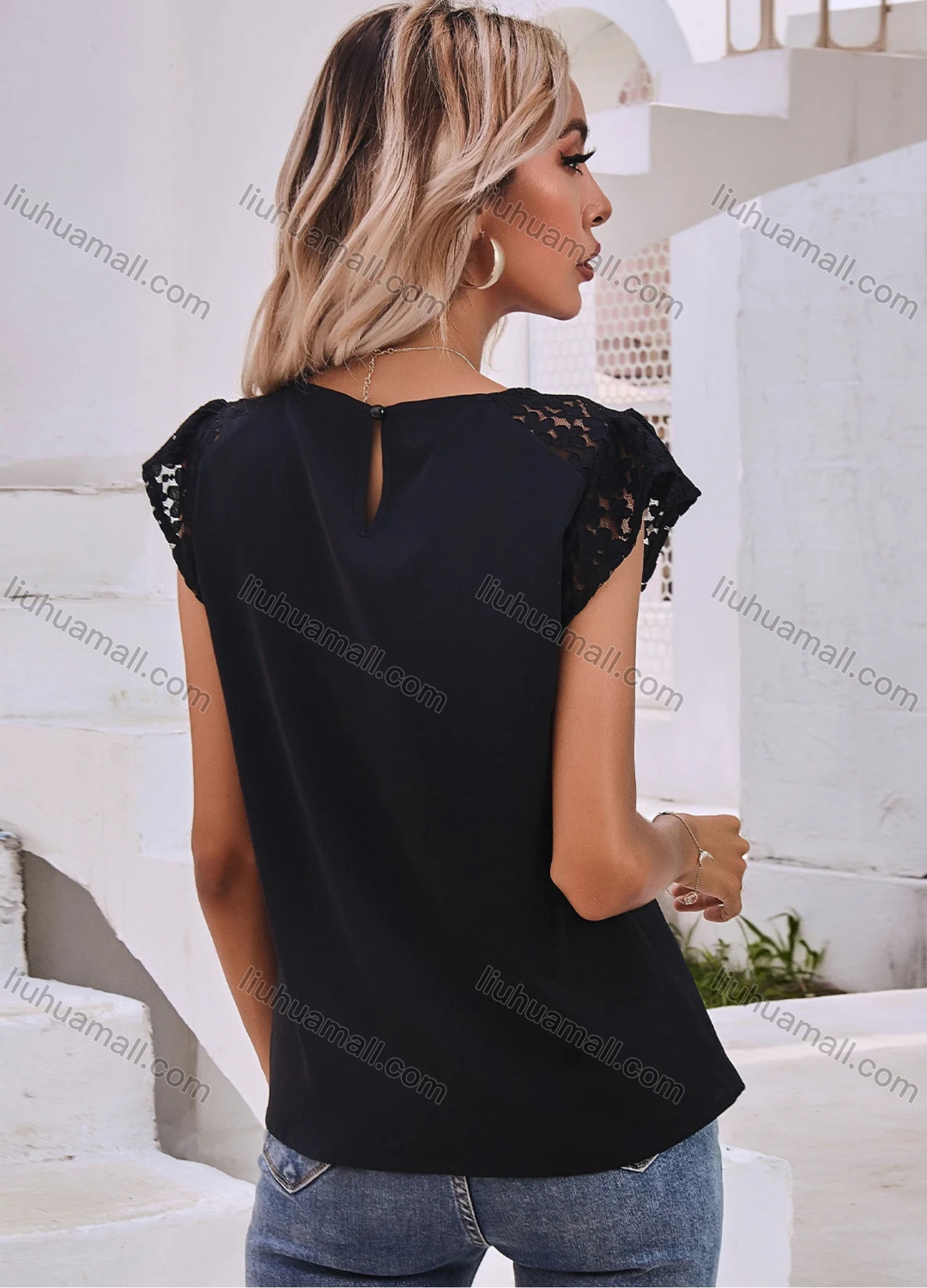 Wholesale Women's Casual Round Neck Guipure Lace Trim Slim Fit Butterfly Sleeve Blouse A21033L# - Liuhuamall