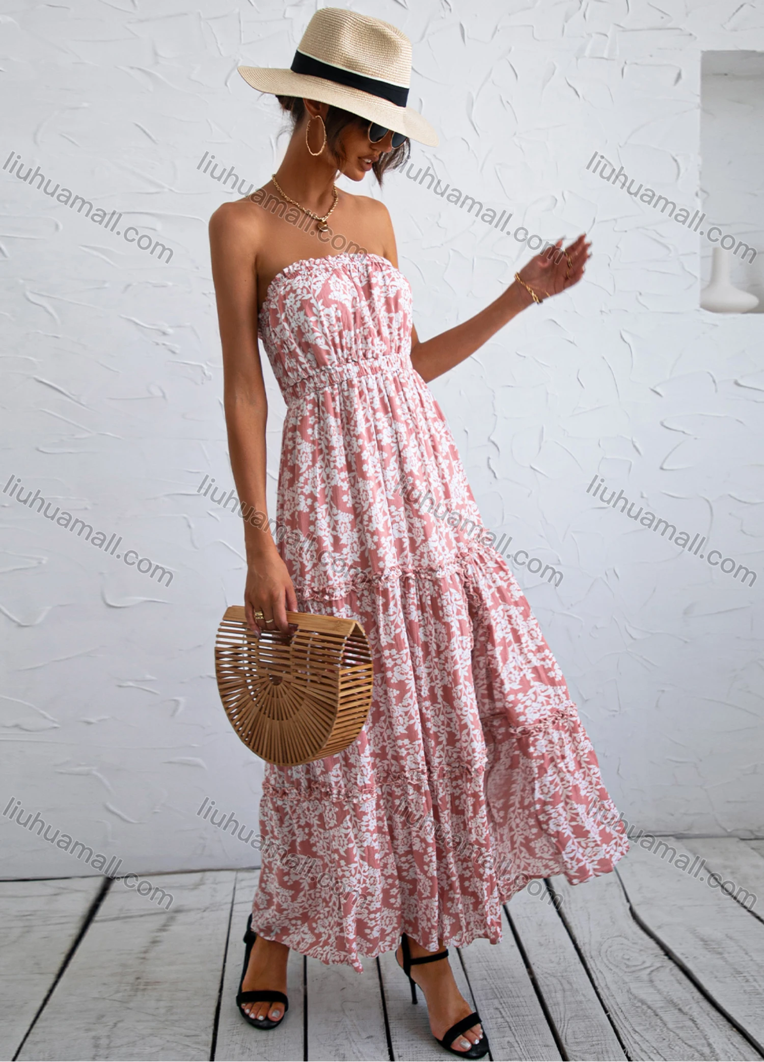 Wholesale Women's 100%Cotton Stapless High Waist Ruched Hem Split Thigh Maxi Dress YC21005X# - Liuhuamall