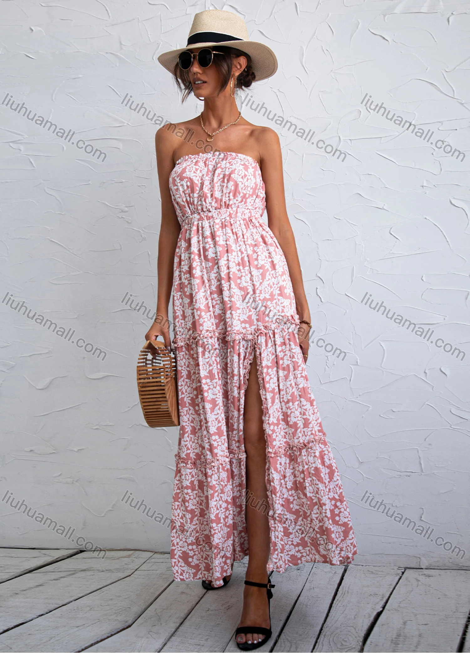 Wholesale Women's 100%Cotton Stapless High Waist Ruched Hem Split Thigh Maxi Dress YC21005X# - Liuhuamall