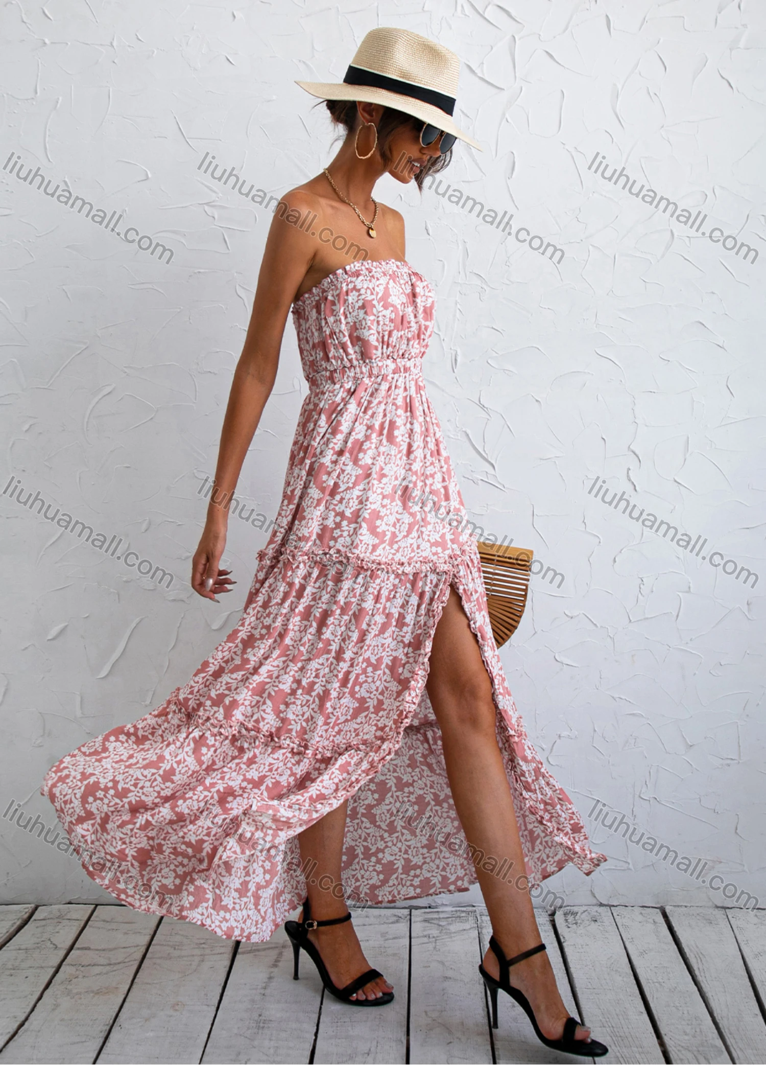 Wholesale Women's 100%Cotton Stapless High Waist Ruched Hem Split Thigh Maxi Dress YC21005X# - Liuhuamall