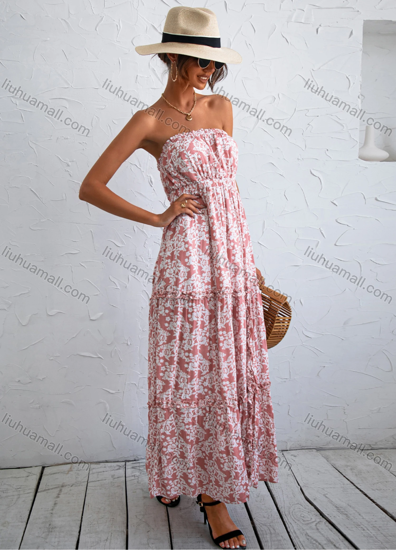 Wholesale Women's 100%Cotton Stapless High Waist Ruched Hem Split Thigh Maxi Dress YC21005X# - Liuhuamall