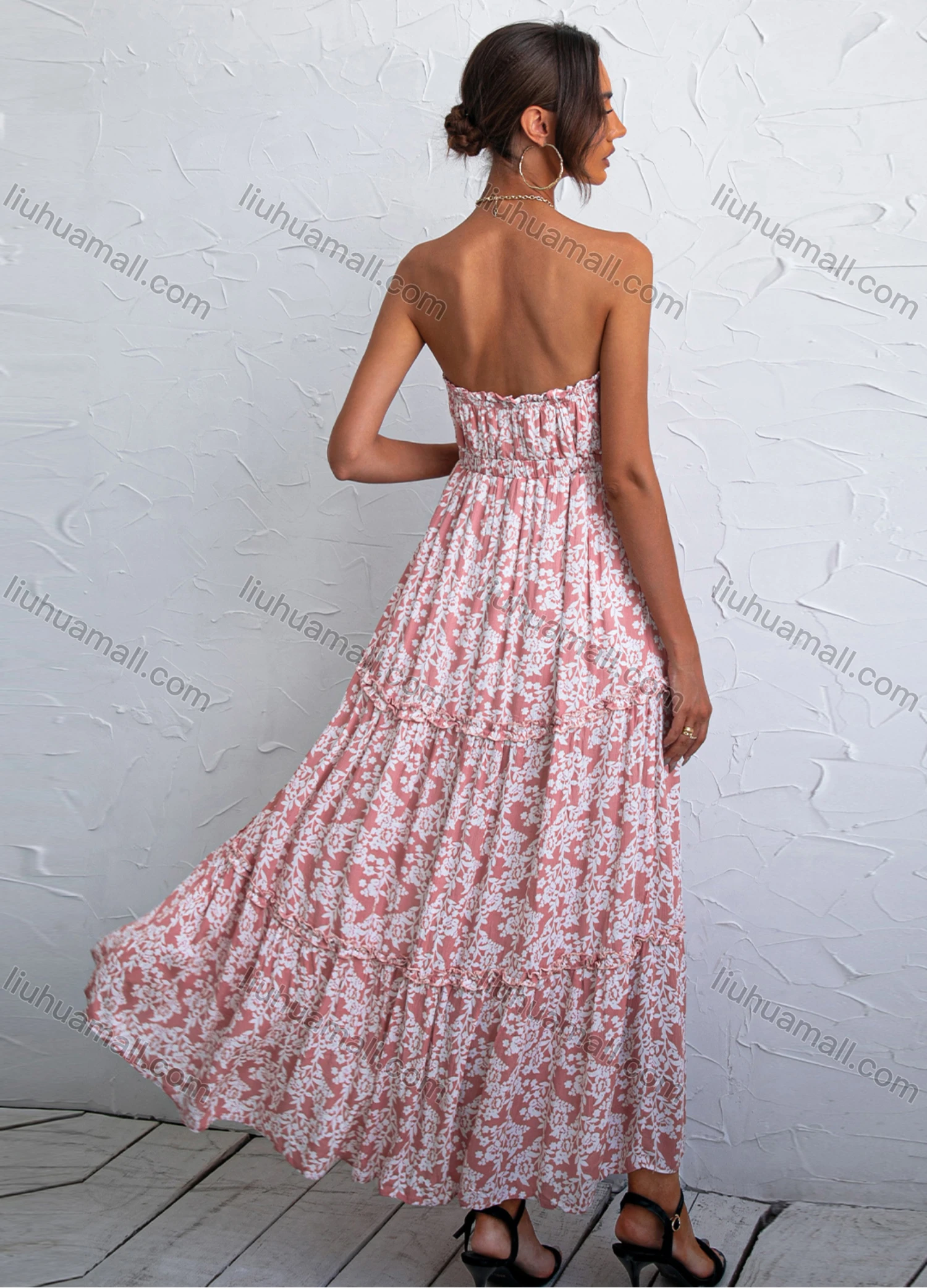 Wholesale Women's 100%Cotton Stapless High Waist Ruched Hem Split Thigh Maxi Dress YC21005X# - Liuhuamall