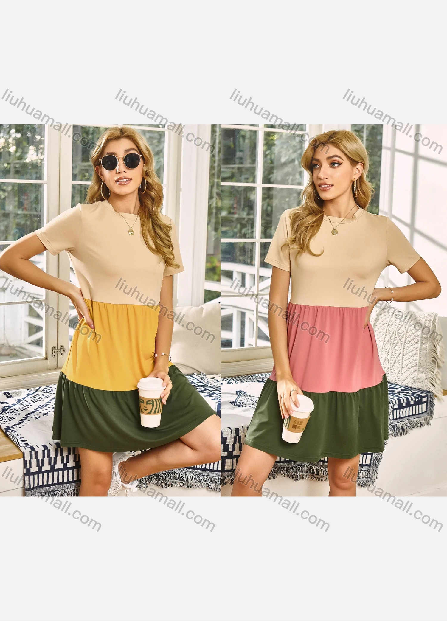 Wholesale Women's Colorblock Short Sleeve Round Neck Layered Short T-shirt Dress X2248G# - Liuhuamall