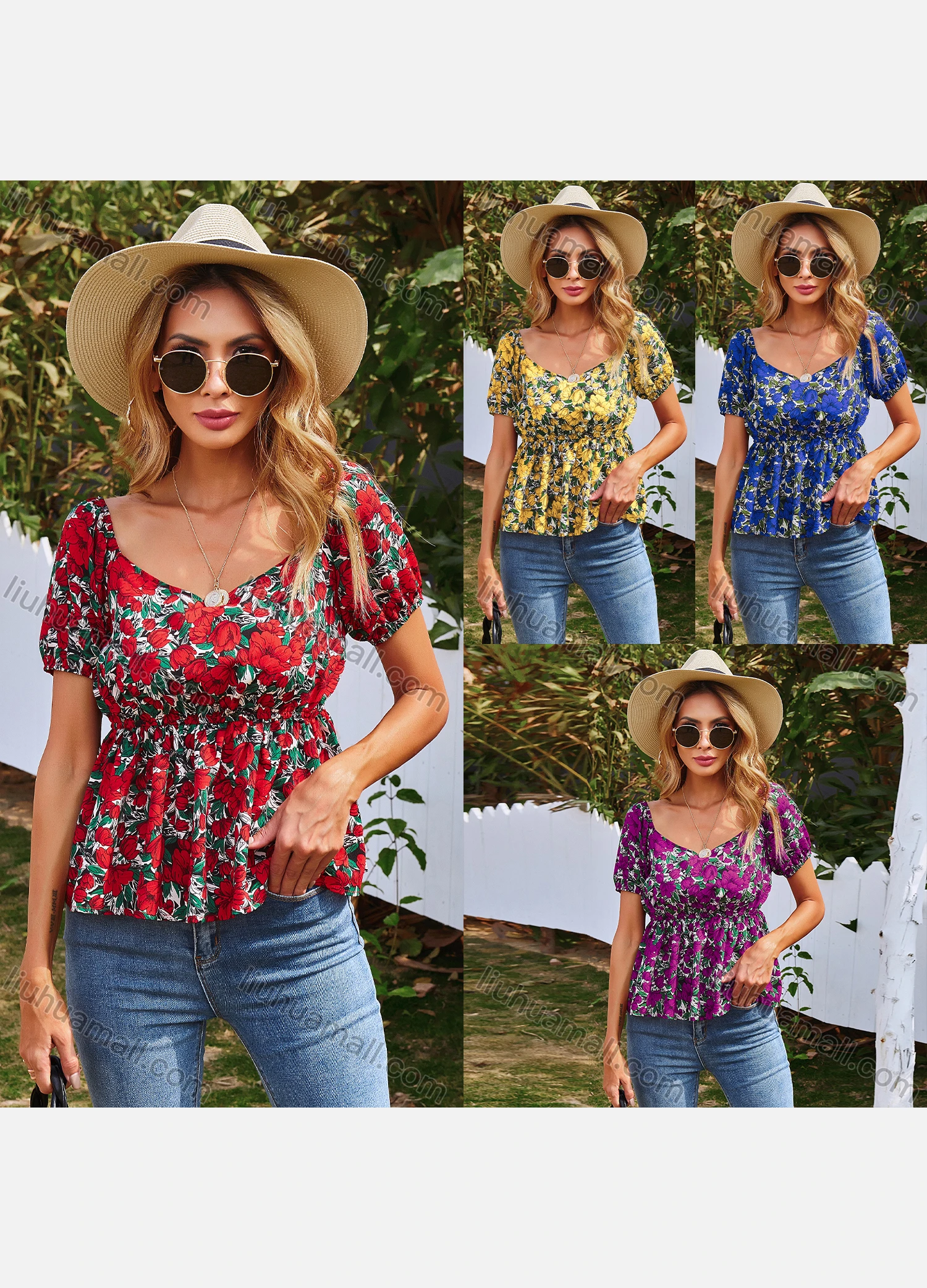 Wholesale Women's Casual Floral Print Ruffle Hem Blouse A20351X# - Liuhuamall