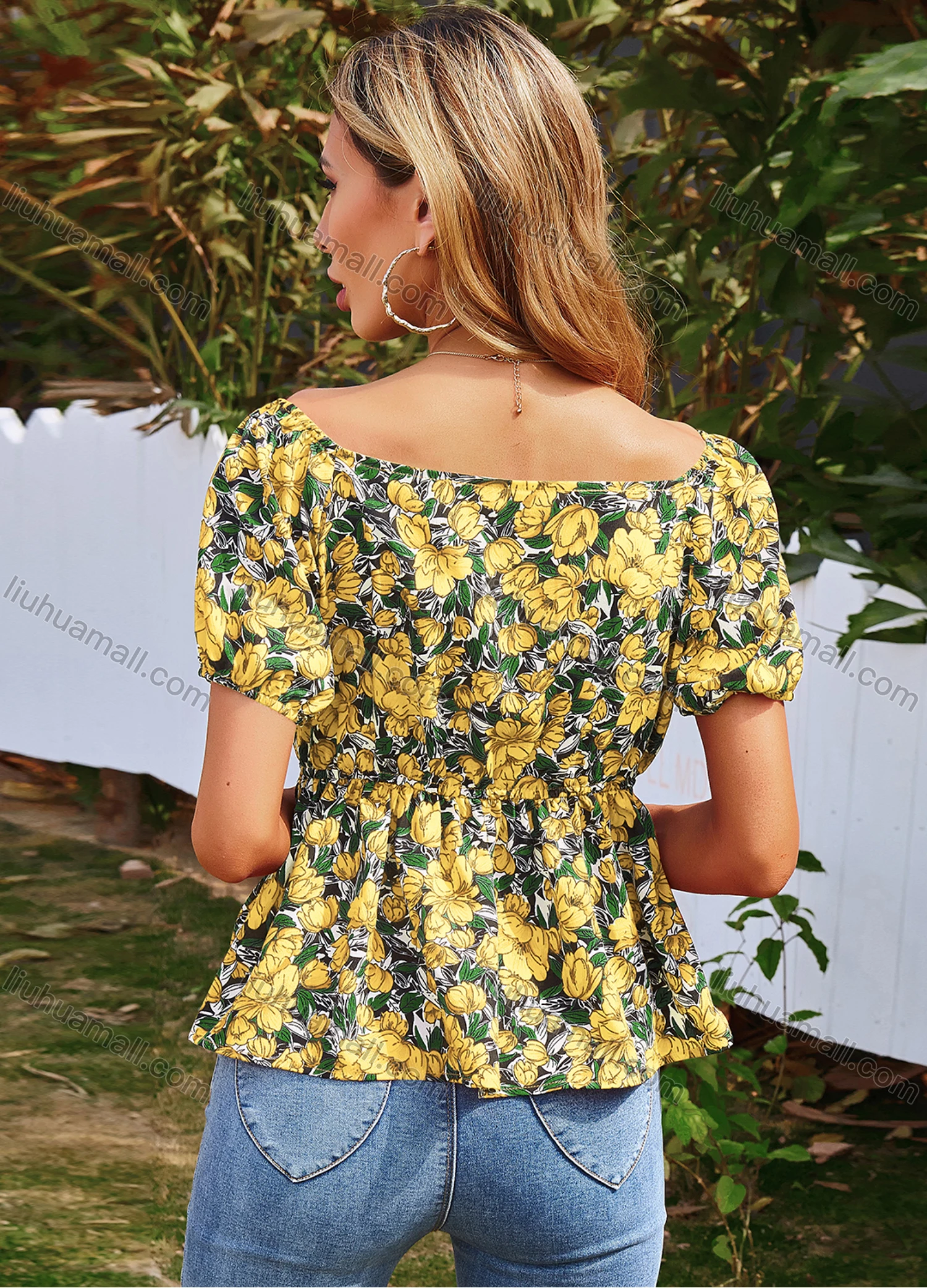 Wholesale Women's Casual Floral Print Ruffle Hem Blouse A20351X# - Liuhuamall