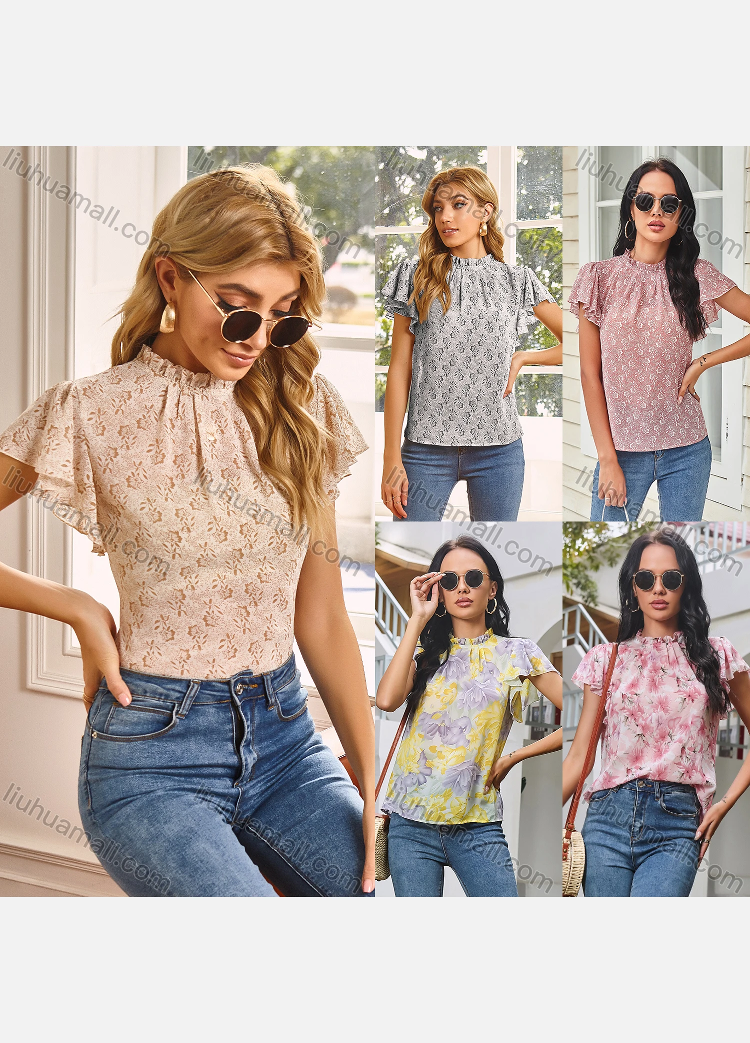 Wholesale Women's Casual Crew Ruffle Neck Butterfly Sleeve Disty Floral Keyhole Blouse A20332G# - Liuhuamall