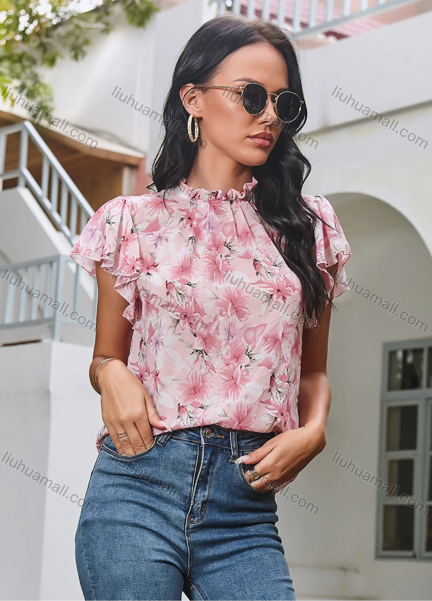 Wholesale Women's Casual Crew Ruffle Neck Butterfly Sleeve Disty Floral Keyhole Blouse A20332G# - Liuhuamall