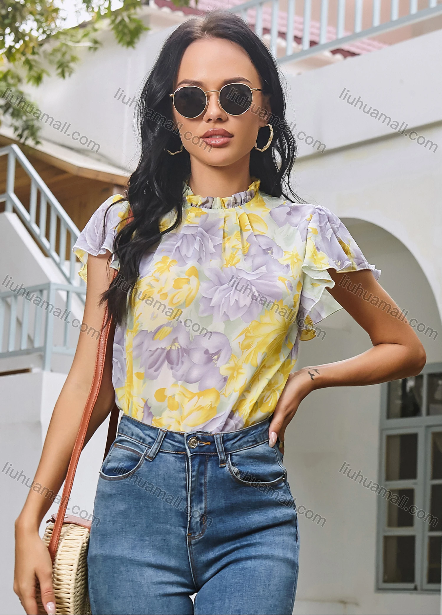 Wholesale Women's Casual Crew Ruffle Neck Butterfly Sleeve Disty Floral Keyhole Blouse A20332G# - Liuhuamall