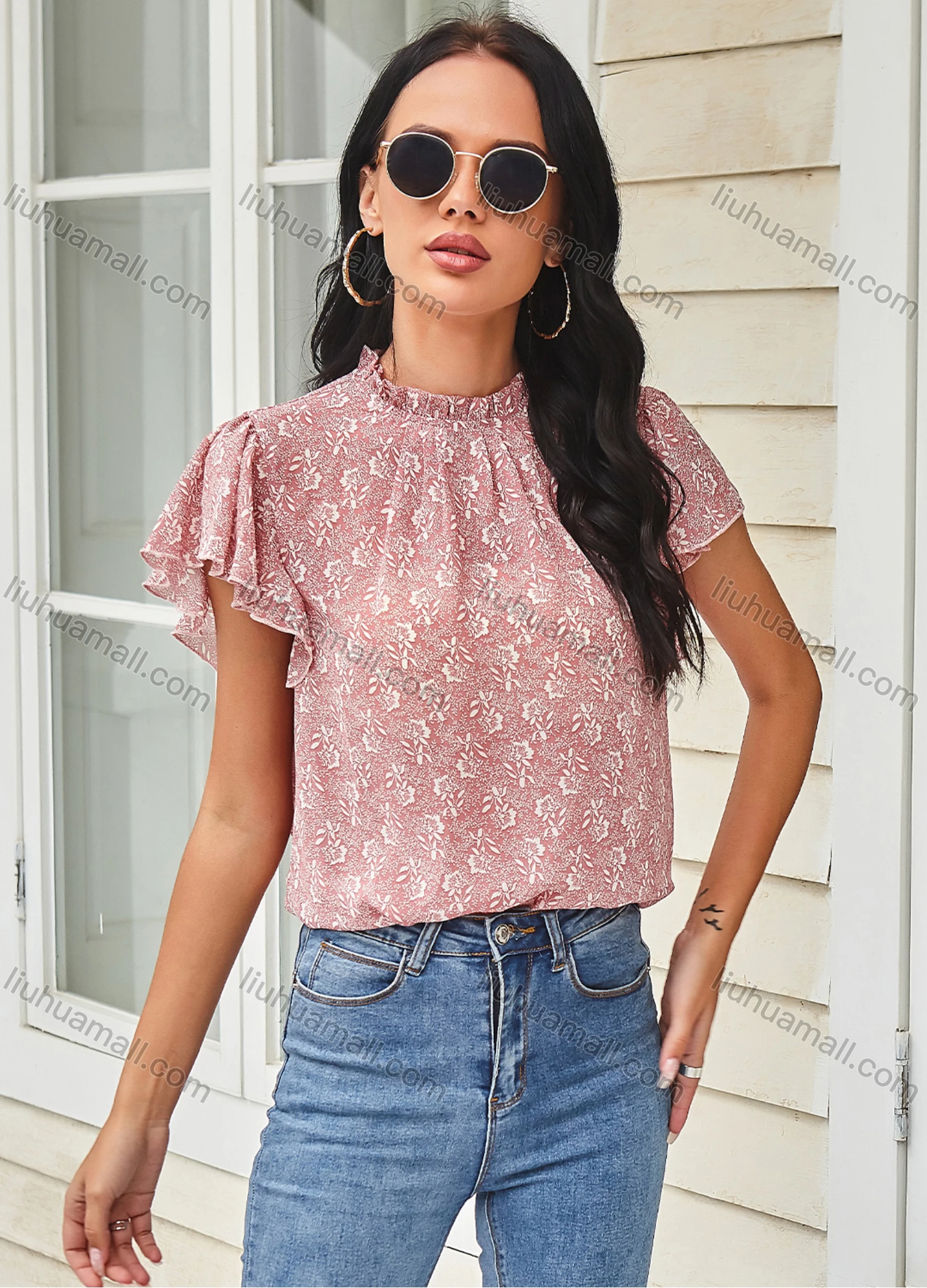 Wholesale Women's Casual Crew Ruffle Neck Butterfly Sleeve Disty Floral Keyhole Blouse A20332G# - Liuhuamall