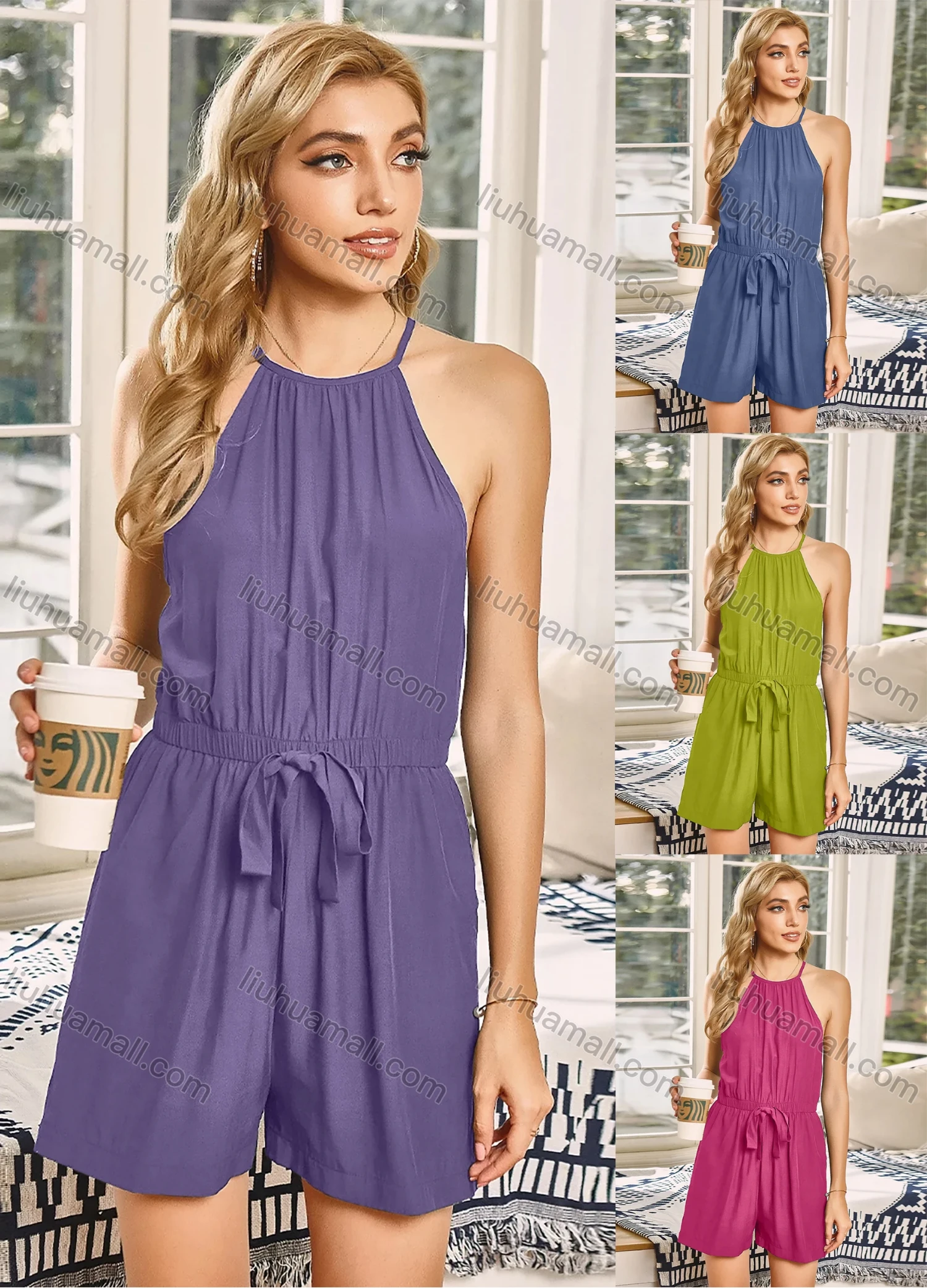 Wholesale Women's Casual Halter Strap Drawstring Jumpsuit Waisted Open Back Romper 3085L# - Liuhuamall