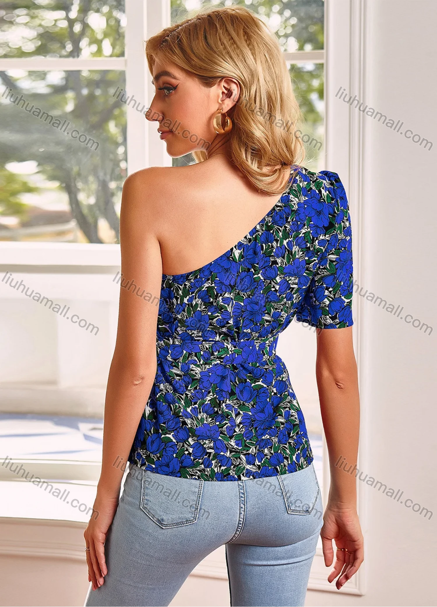 Wholesale Women's Floral Print One Shoulder Blouse With Belt X2251X# - Liuhuamall