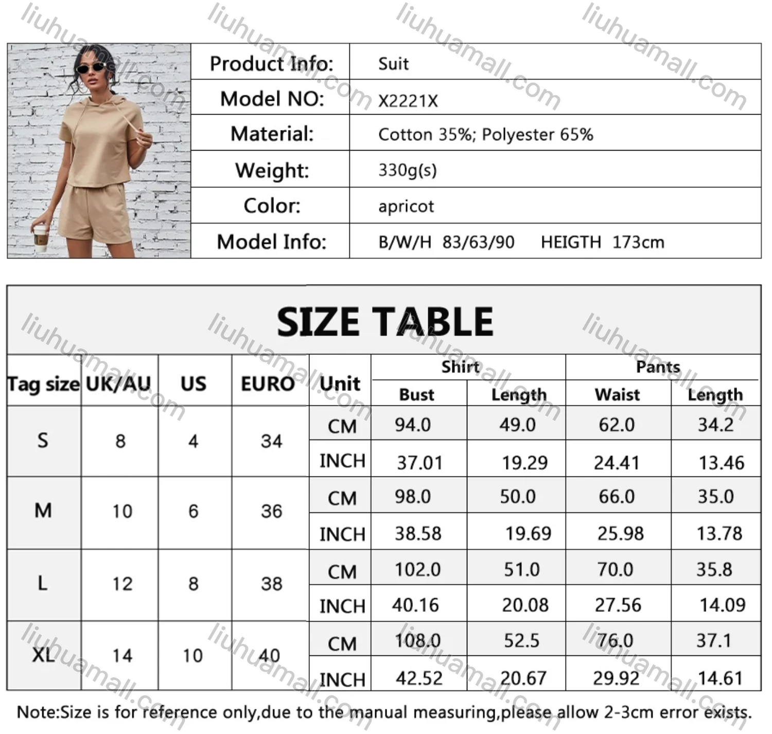 Wholesale Women's Plain Street Style Drawstring Short Sleeve Hooded Sweatshirt 2-Piece Set X2221X# - Liuhuamall