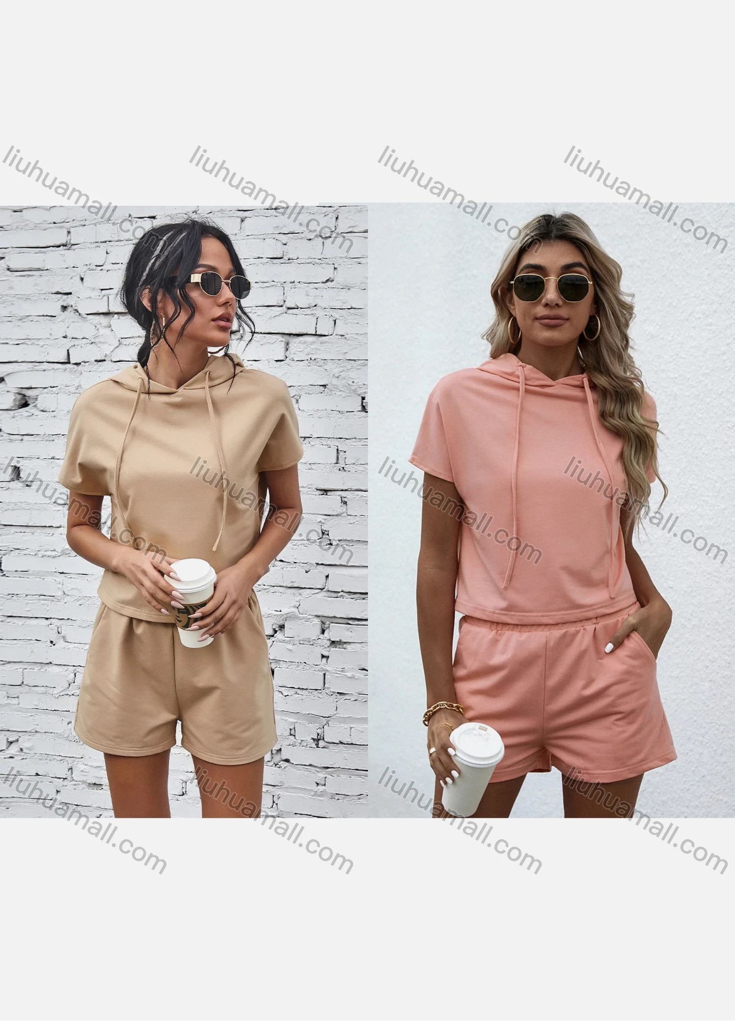 Wholesale Women's Plain Street Style Drawstring Short Sleeve Hooded Sweatshirt 2-Piece Set X2221X# - Liuhuamall