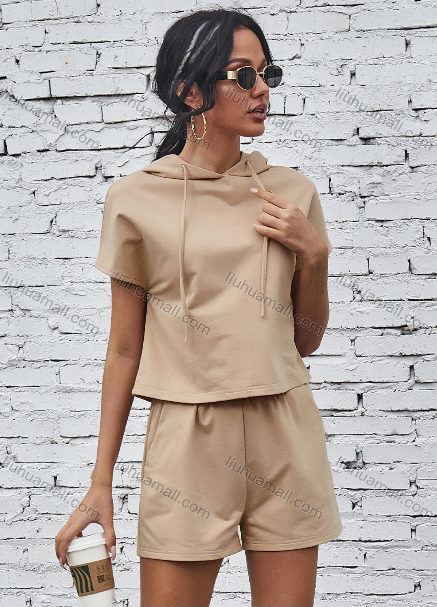 Wholesale Women's Plain Street Style Drawstring Short Sleeve Hooded Sweatshirt 2-Piece Set X2221X# - Liuhuamall