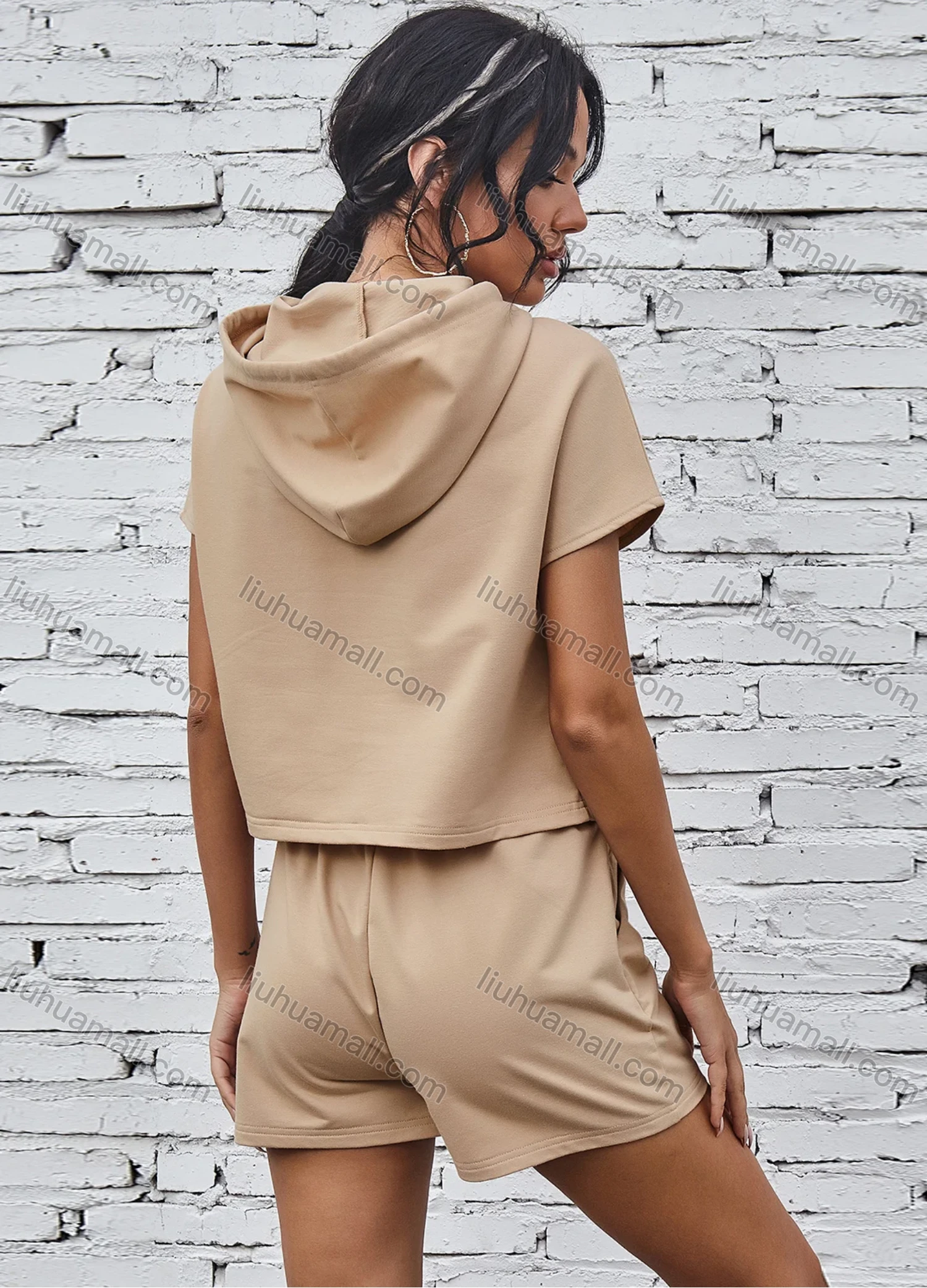 Wholesale Women's Plain Street Style Drawstring Short Sleeve Hooded Sweatshirt 2-Piece Set X2221X# - Liuhuamall