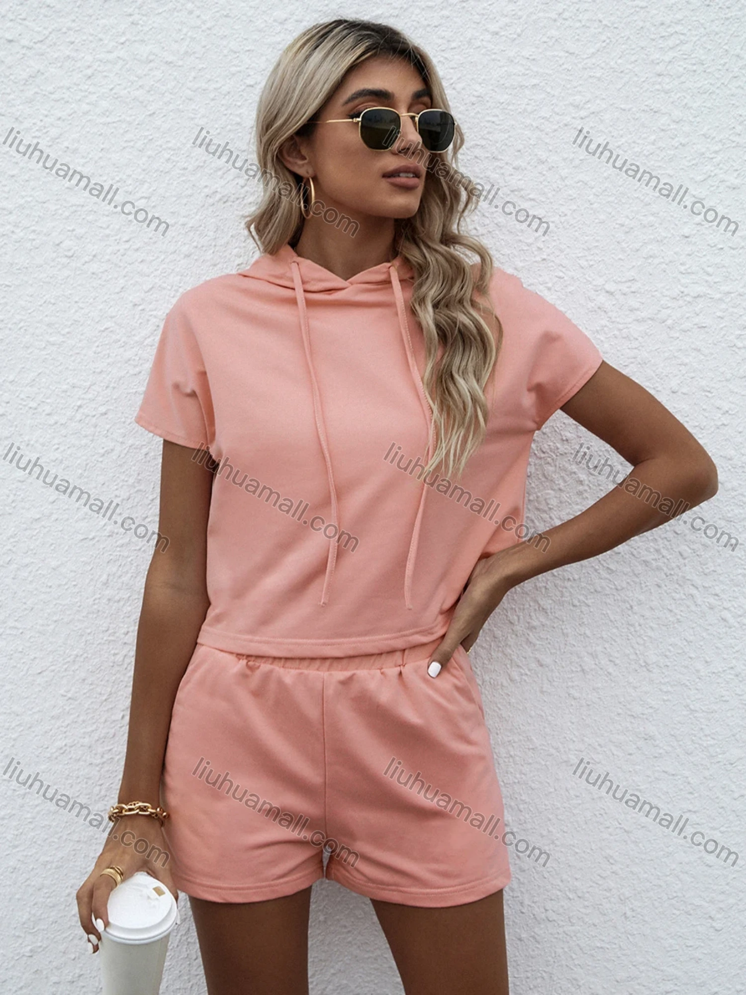 Wholesale Women's Plain Street Style Drawstring Short Sleeve Hooded Sweatshirt 2-Piece Set X2221X# - Liuhuamall