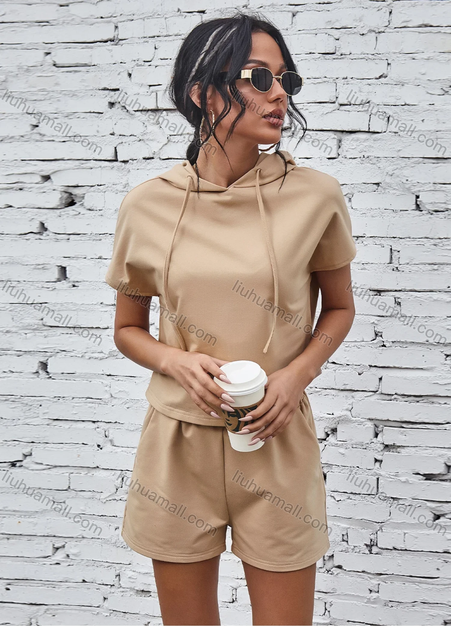 Wholesale Women's Plain Street Style Drawstring Short Sleeve Hooded Sweatshirt 2-Piece Set X2221X# - Liuhuamall