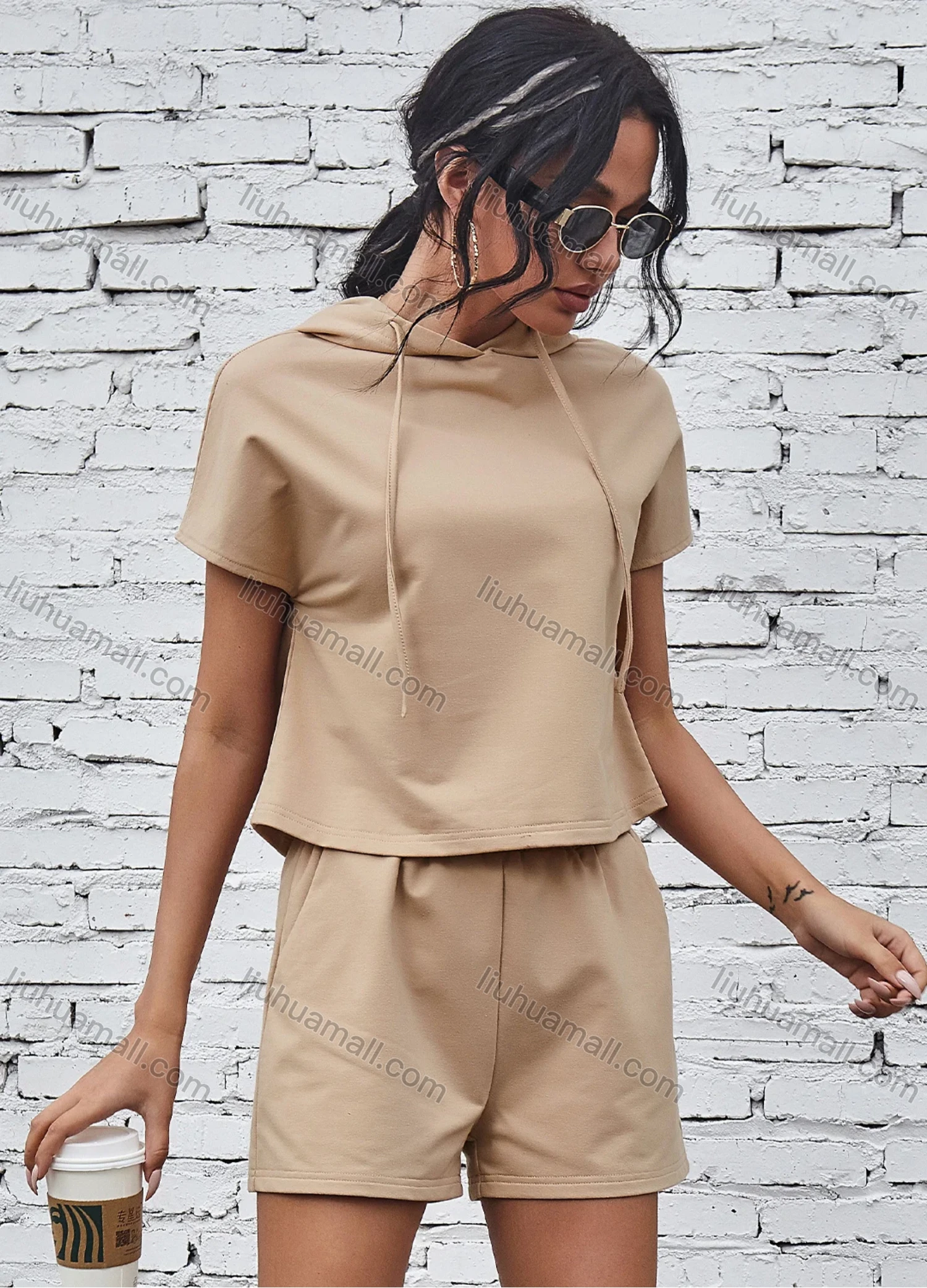 Wholesale Women's Plain Street Style Drawstring Short Sleeve Hooded Sweatshirt 2-Piece Set X2221X# - Liuhuamall