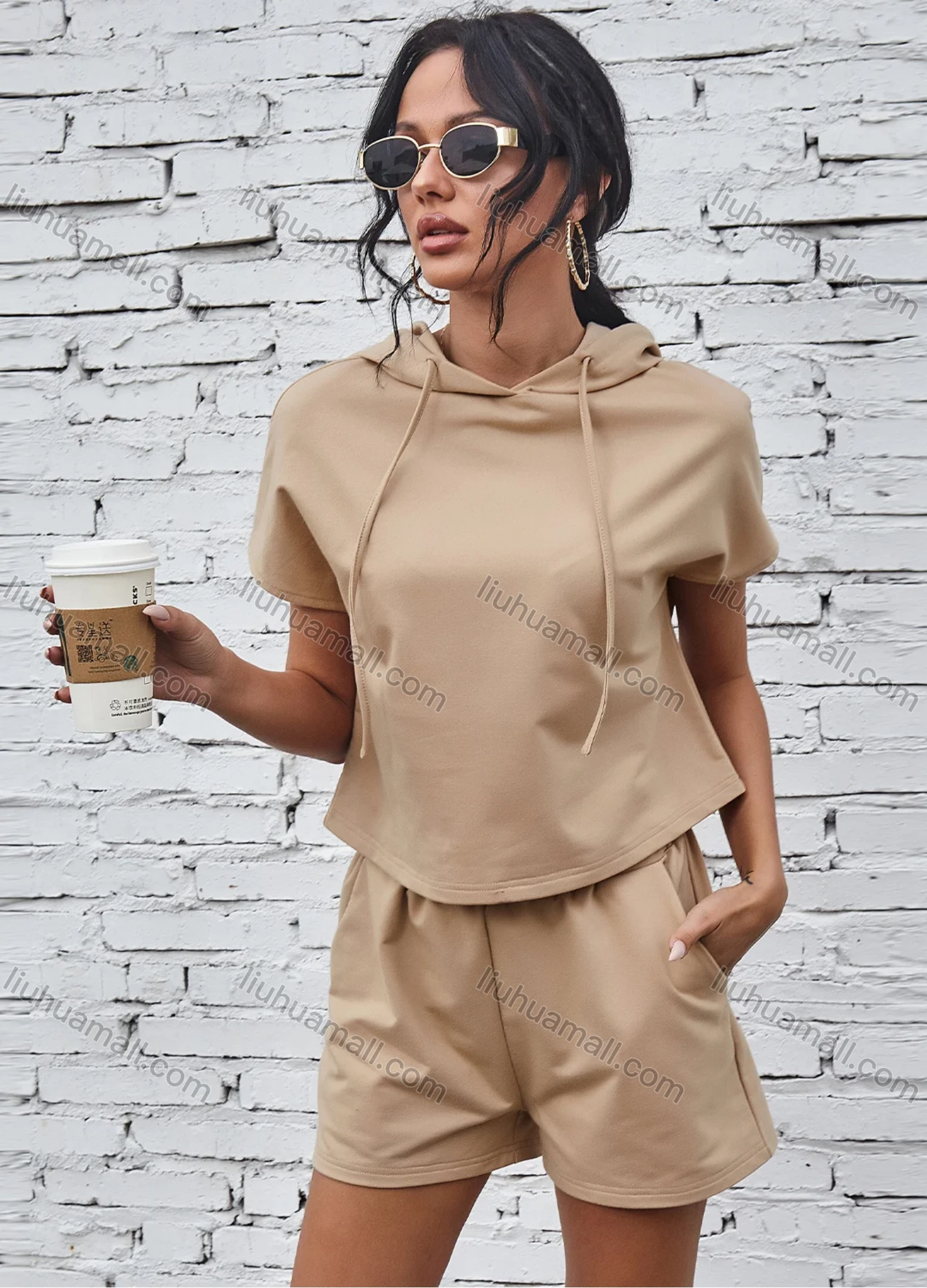 Wholesale Women's Plain Street Style Drawstring Short Sleeve Hooded Sweatshirt 2-Piece Set X2221X# - Liuhuamall