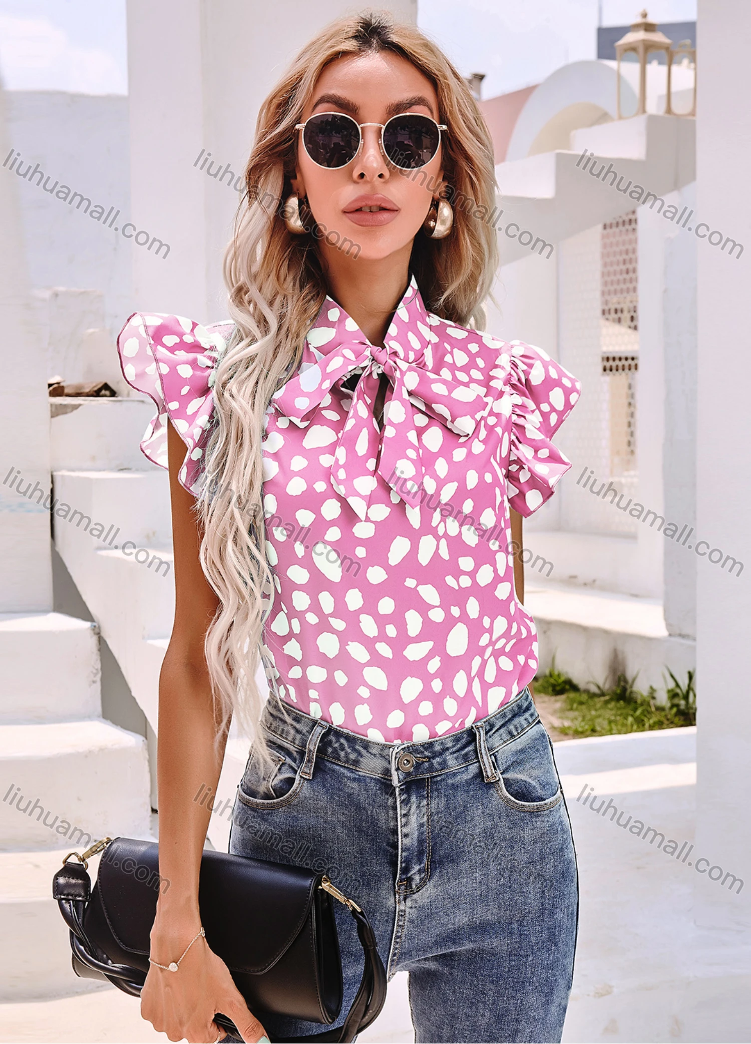 Wholesale Women's Dalmatian Print Ruffle Sleeve Tie Neck Casual Blouse A20334L# - Liuhuamall
