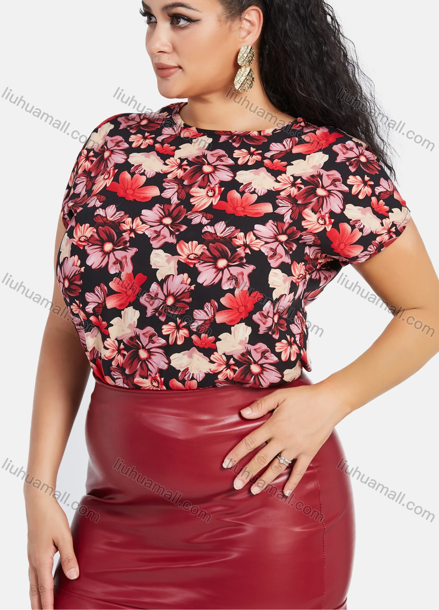 Wholesale Women's Plus Size Short Sleeve Floral Print Top With Leather Mermaid Skirts 2 Piece Sets - Liuhuamall