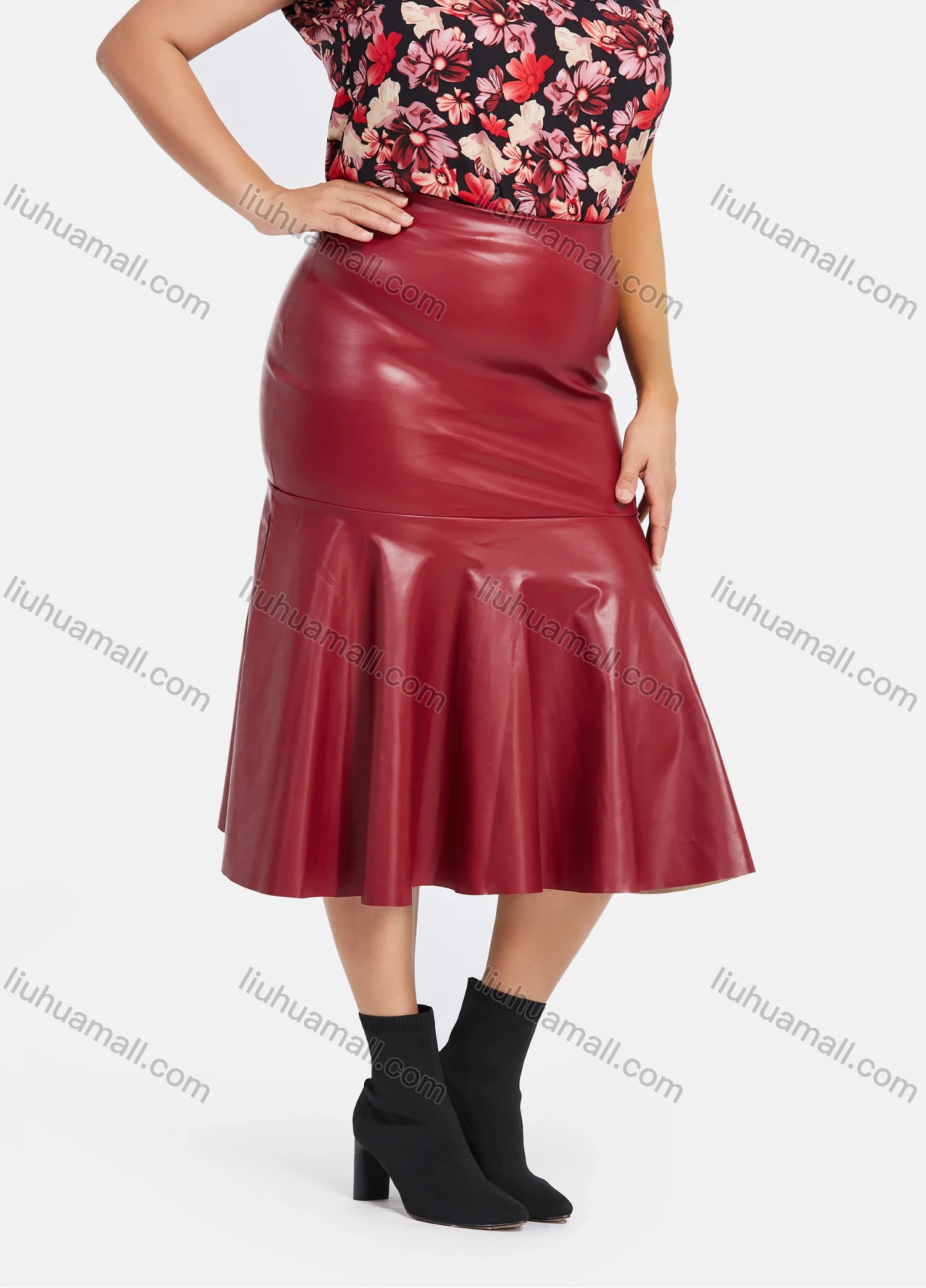 Wholesale Women's Plus Size Short Sleeve Floral Print Top With Leather Mermaid Skirts 2 Piece Sets - Liuhuamall