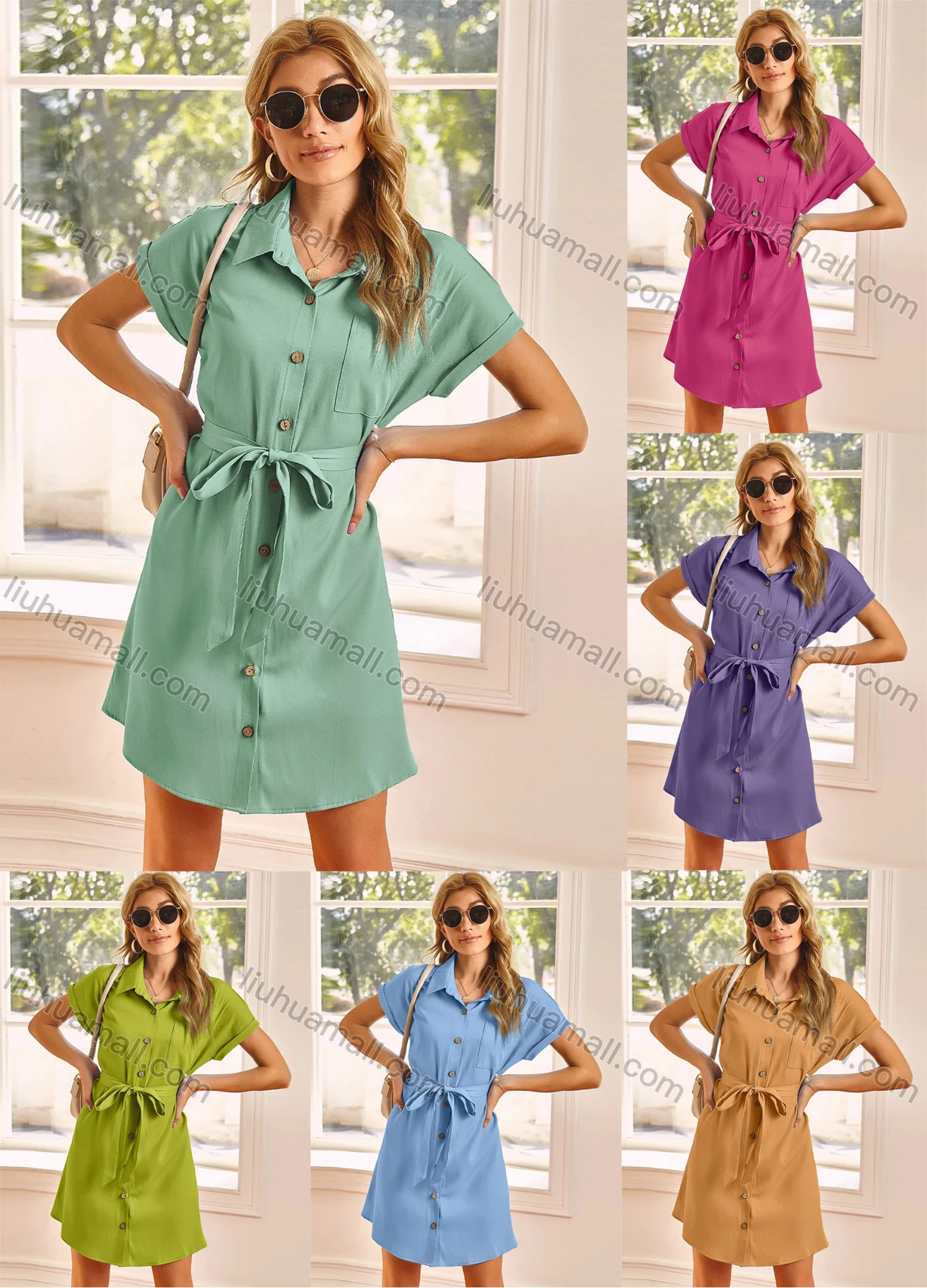 Wholesale Women's Casual Plain A-Line Button Down Short Sleeve Short Shirt Dress With Belt 3081X# - Liuhuamall