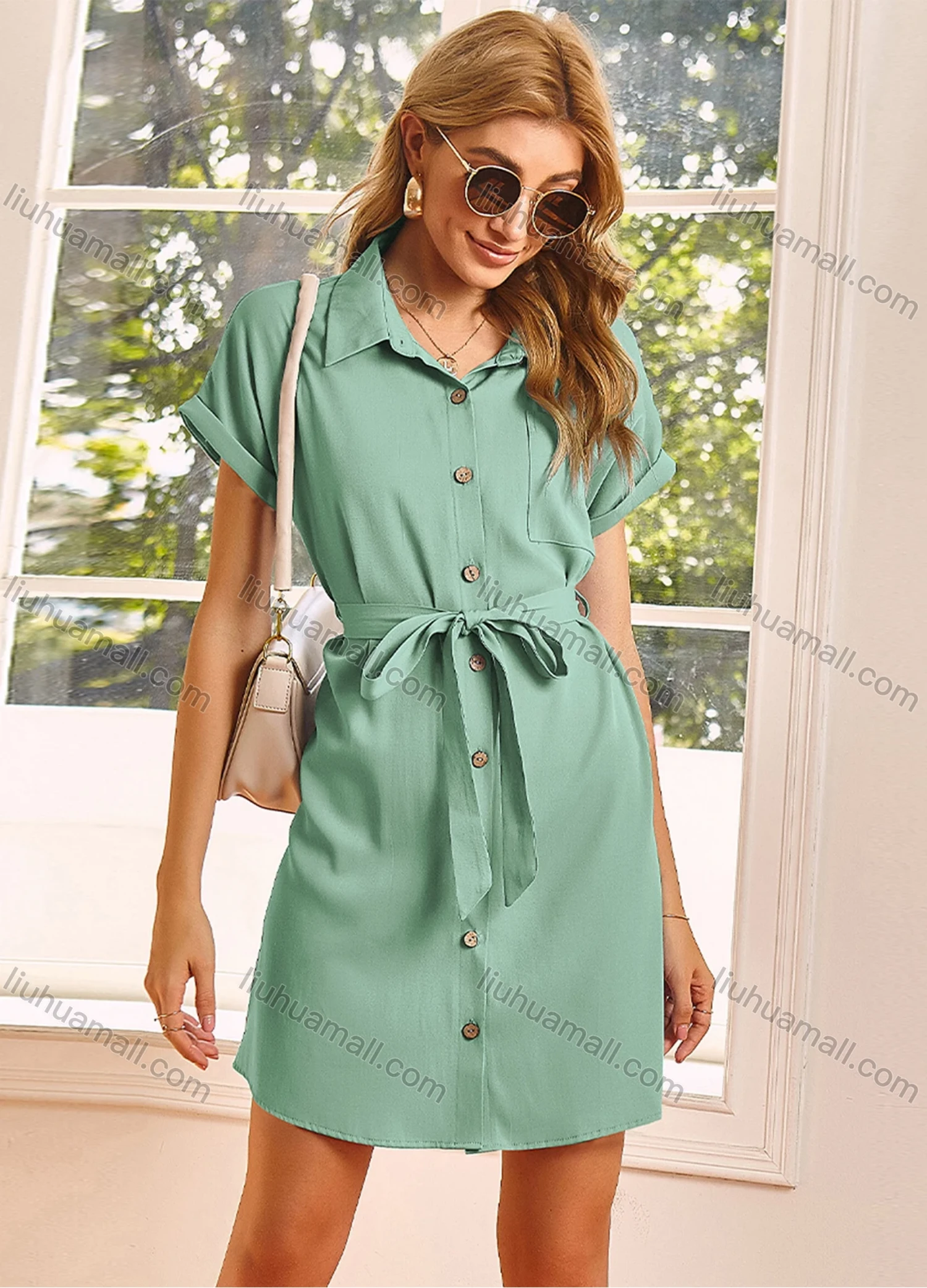 Wholesale Women's Casual Plain A-Line Button Down Short Sleeve Short Shirt Dress With Belt 3081X# - Liuhuamall