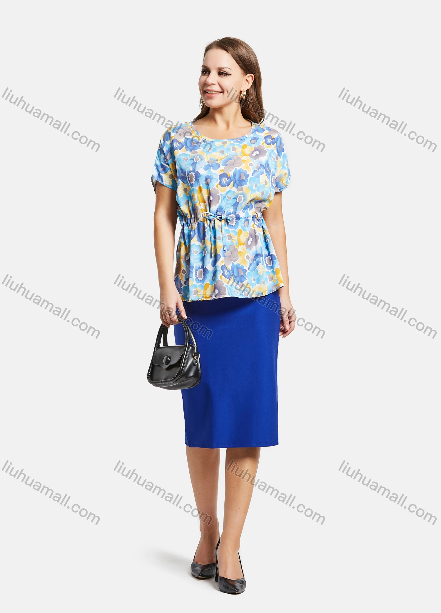 Wholesale Women's Elegant Bat Sleeve Floral Print Top With Pencil Skirts 2 Piece Set - Liuhuamall