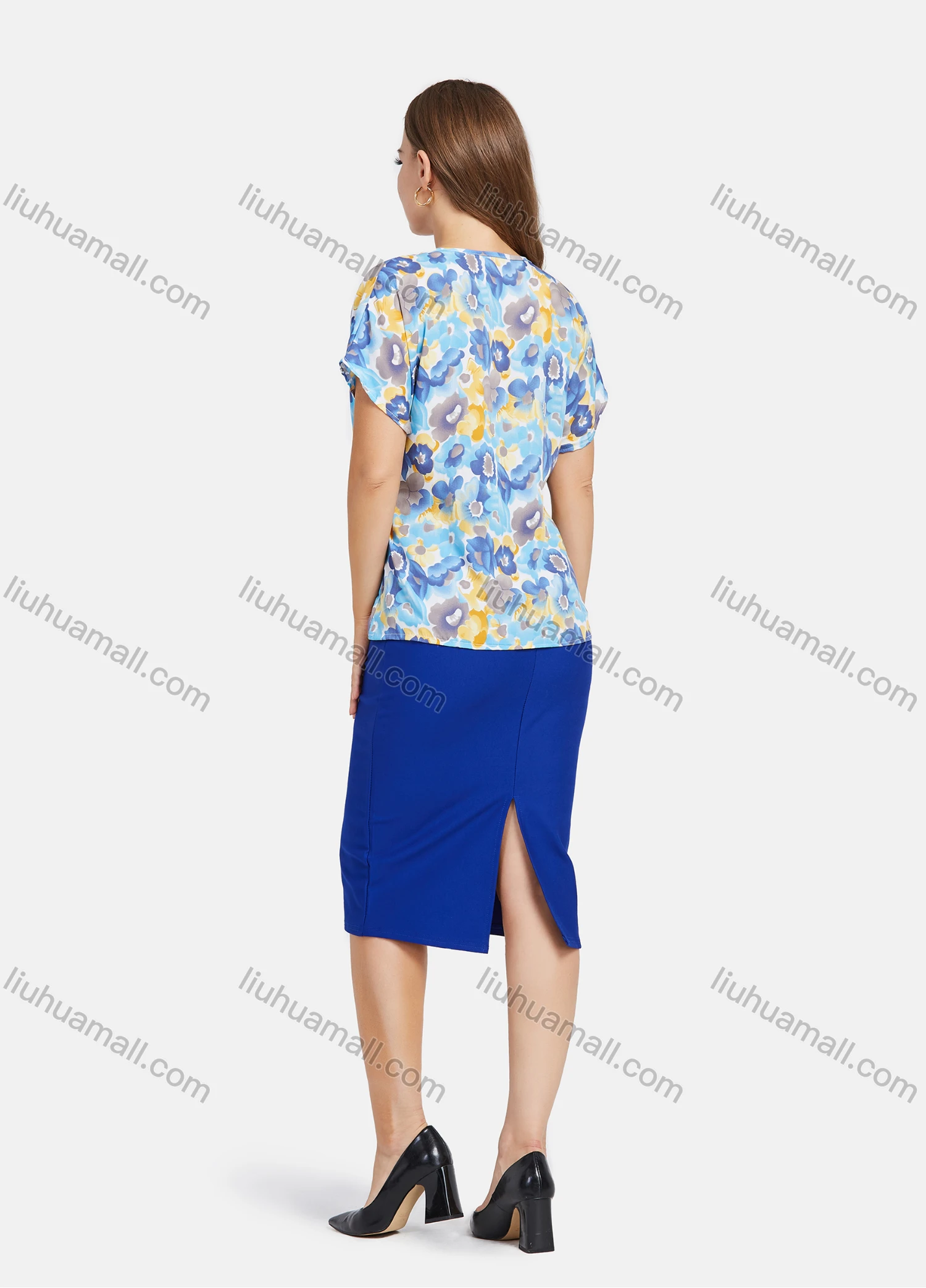Wholesale Women's Elegant Bat Sleeve Floral Print Top With Pencil Skirts 2 Piece Set - Liuhuamall