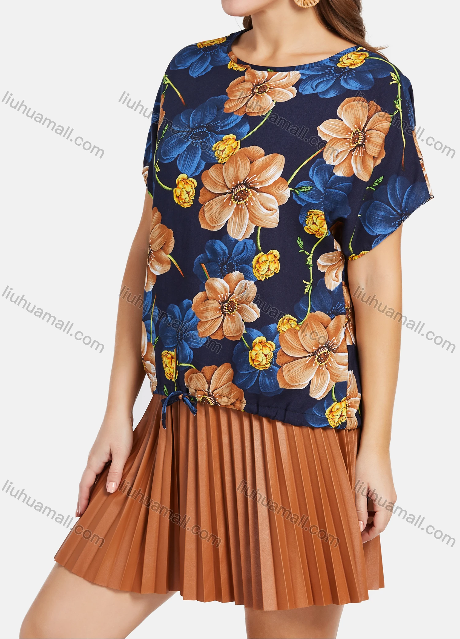 Wholesale Women's Casual Bat Sleeve Floral Print Drawstring Top With Pleated Skirts 2 Piece Set - Liuhuamall