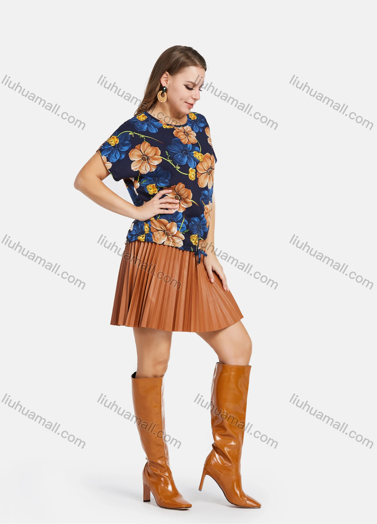 Wholesale Women's Casual Bat Sleeve Floral Print Drawstring Top With Pleated Skirts 2 Piece Set - Liuhuamall