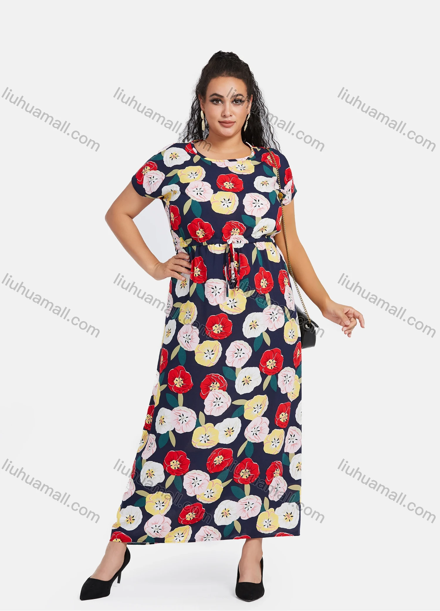 Wholesale Women's Plus Size Short Sleeve Floral Print Drawstring Waist Casual Maxi Dress - Liuhuamall