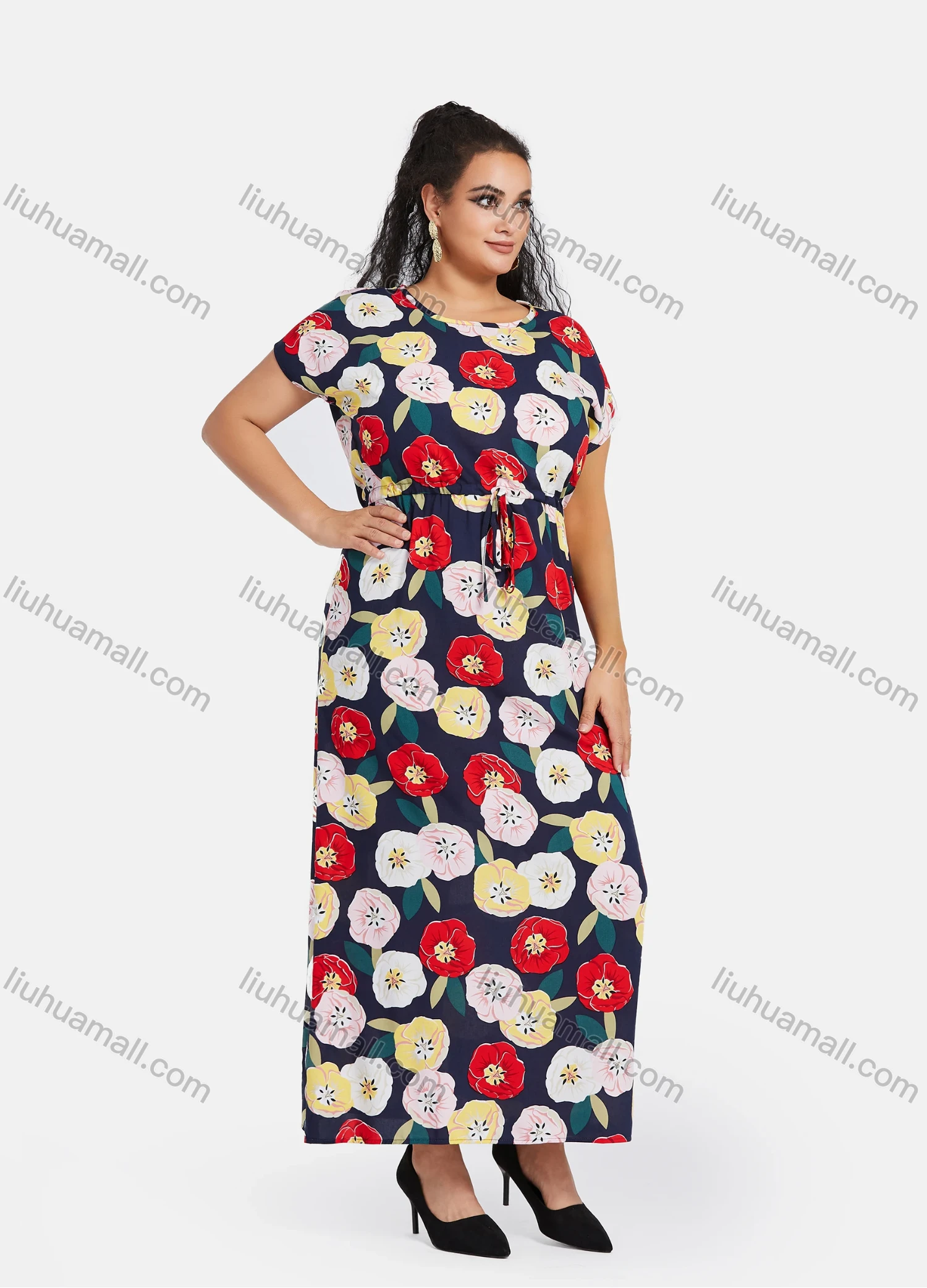 Wholesale Women's Plus Size Short Sleeve Floral Print Drawstring Waist Casual Maxi Dress - Liuhuamall