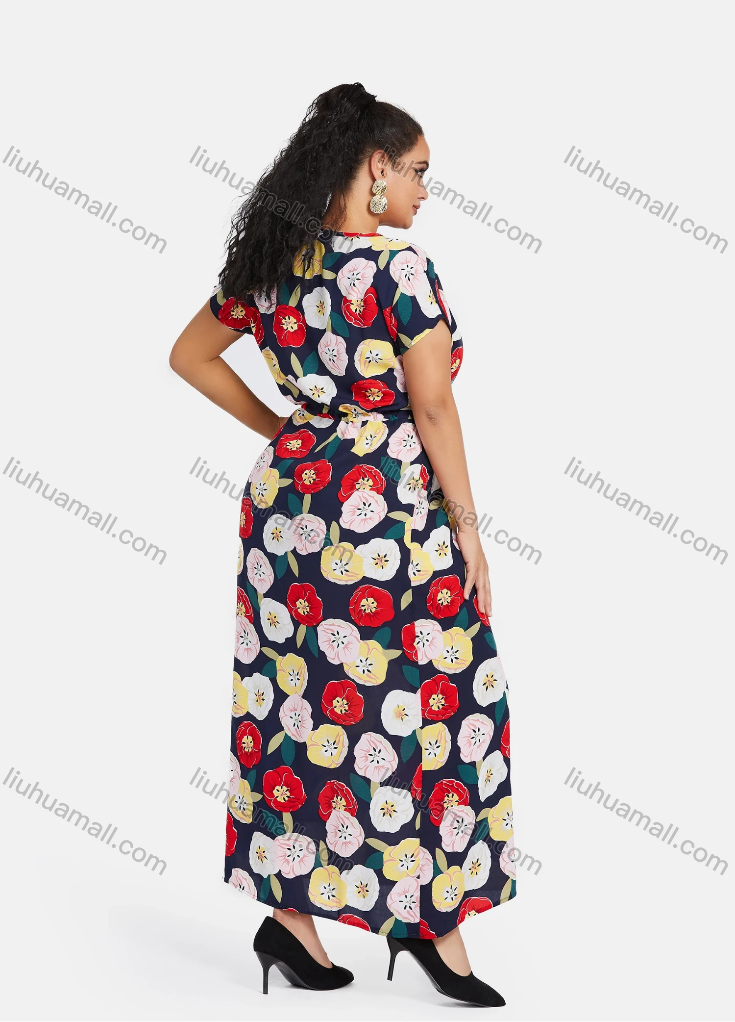 Wholesale Women's Plus Size Short Sleeve Floral Print Drawstring Waist Casual Maxi Dress - Liuhuamall
