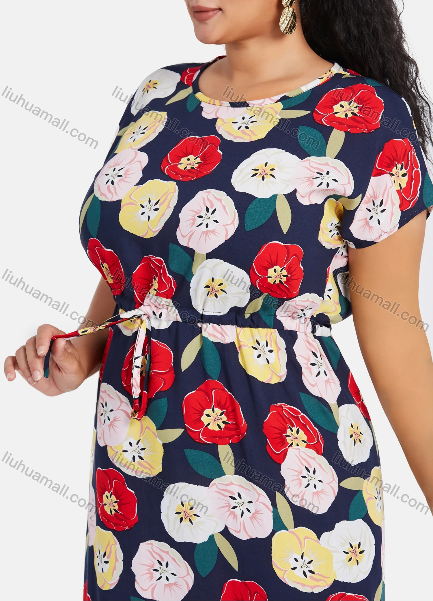Wholesale Women's Plus Size Short Sleeve Floral Print Drawstring Waist Casual Maxi Dress - Liuhuamall