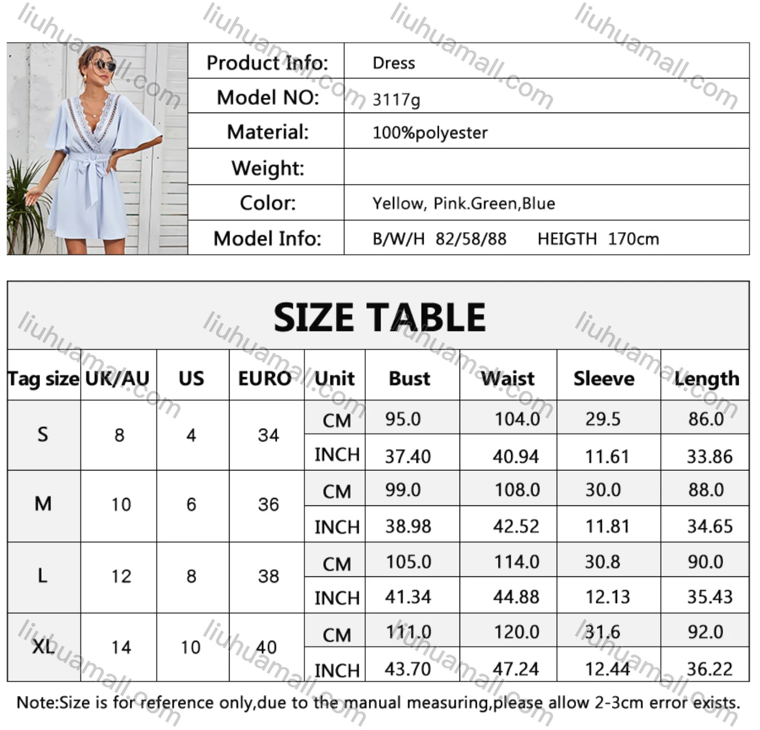 Wholesale Women's Deep V Neck Lace Embroidery Trim Drawstring Wrap Short Dress With Belt 3117G# - Liuhuamall