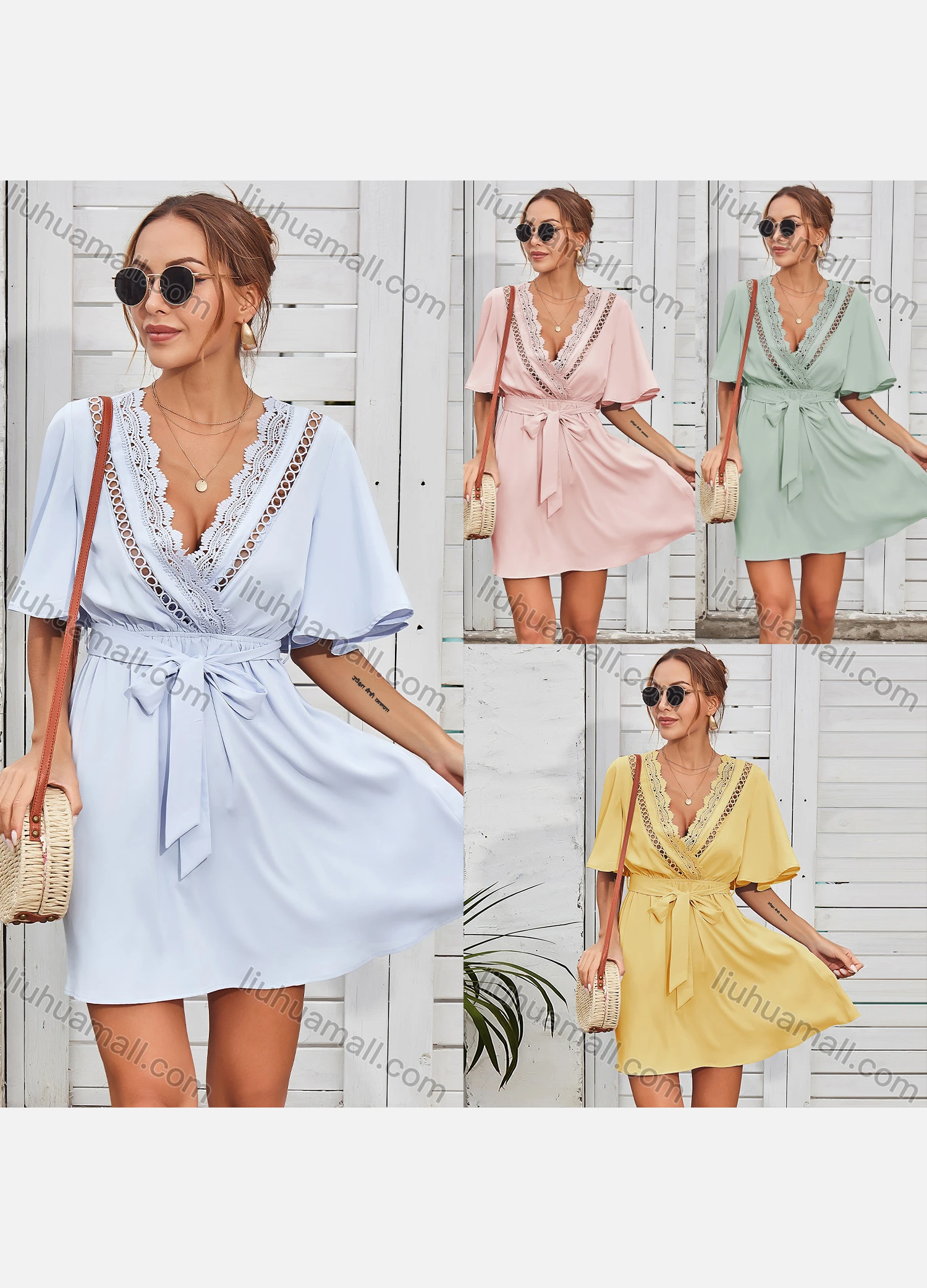 Wholesale Women's Deep V Neck Lace Embroidery Trim Drawstring Wrap Short Dress With Belt 3117G# - Liuhuamall