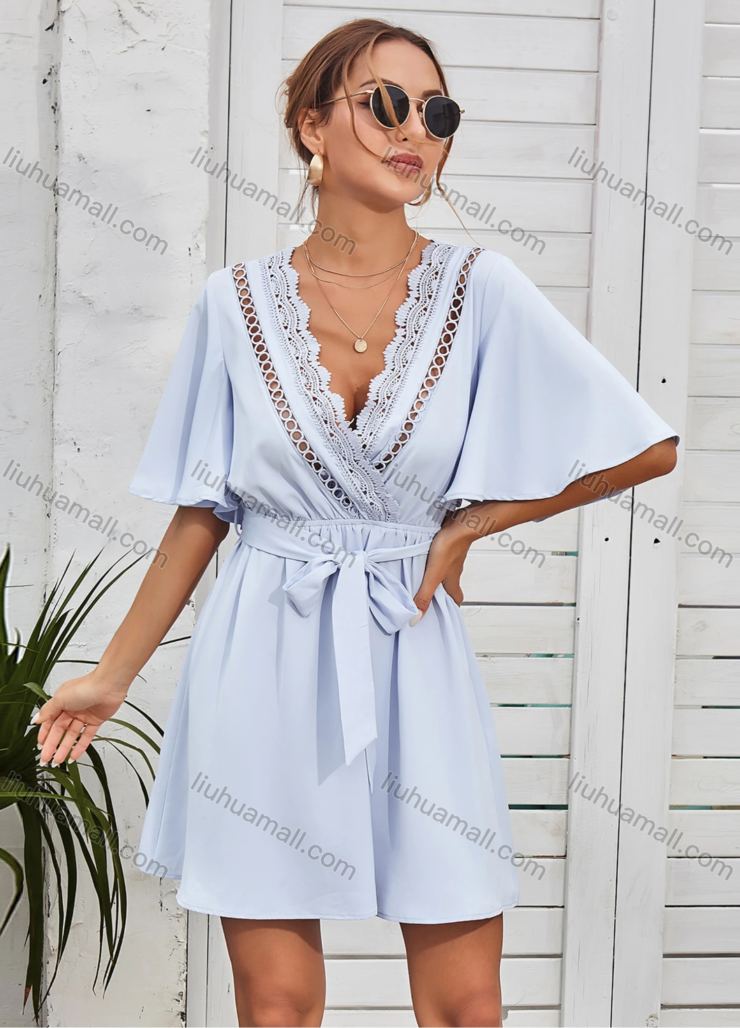 Wholesale Women's Deep V Neck Lace Embroidery Trim Drawstring Wrap Short Dress With Belt 3117G# - Liuhuamall