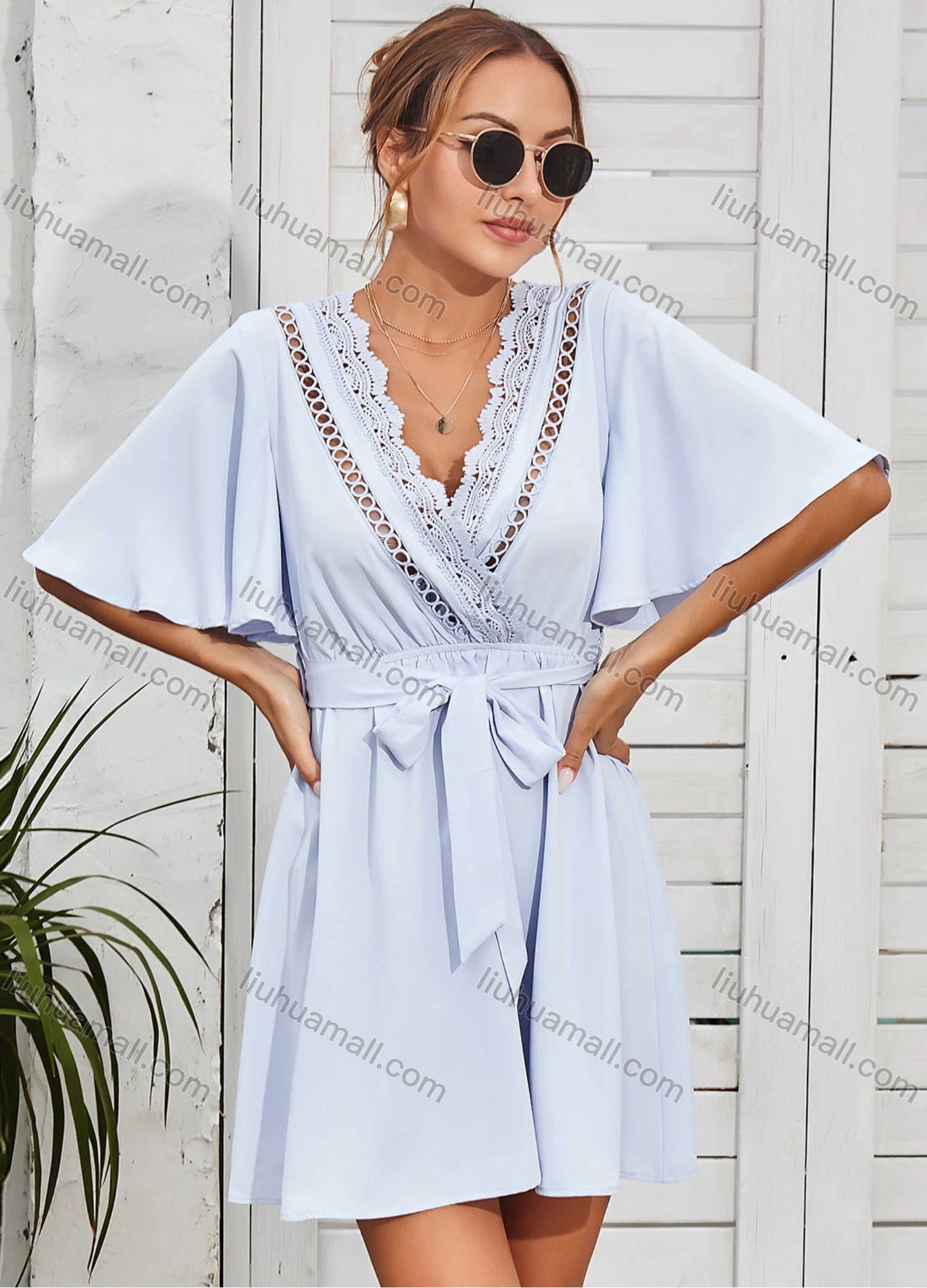 Wholesale Women's Deep V Neck Lace Embroidery Trim Drawstring Wrap Short Dress With Belt 3117G# - Liuhuamall