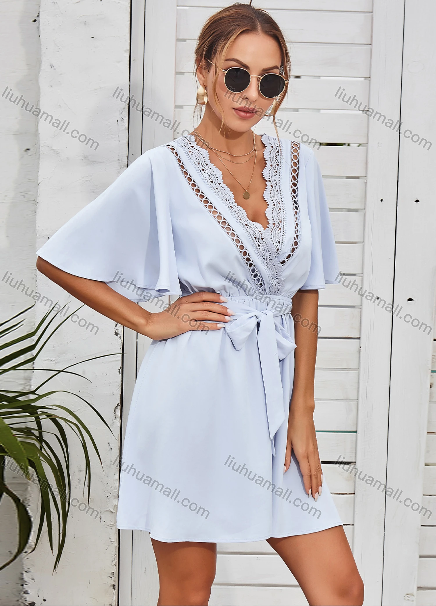 Wholesale Women's Deep V Neck Lace Embroidery Trim Drawstring Wrap Short Dress With Belt 3117G# - Liuhuamall