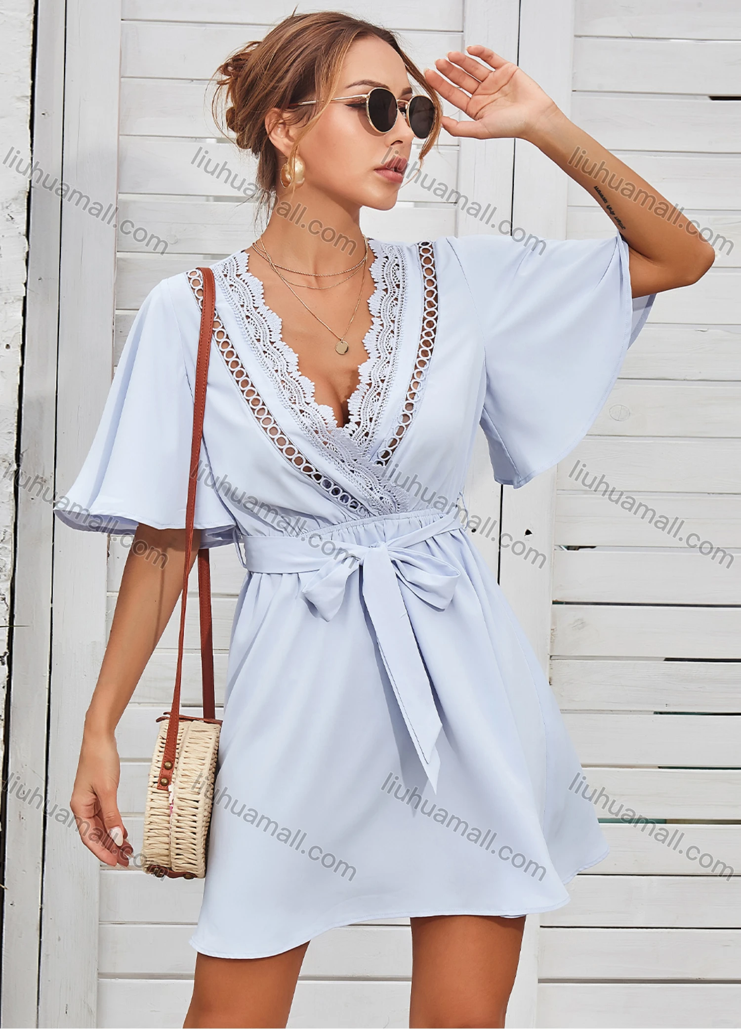 Wholesale Women's Deep V Neck Lace Embroidery Trim Drawstring Wrap Short Dress With Belt 3117G# - Liuhuamall