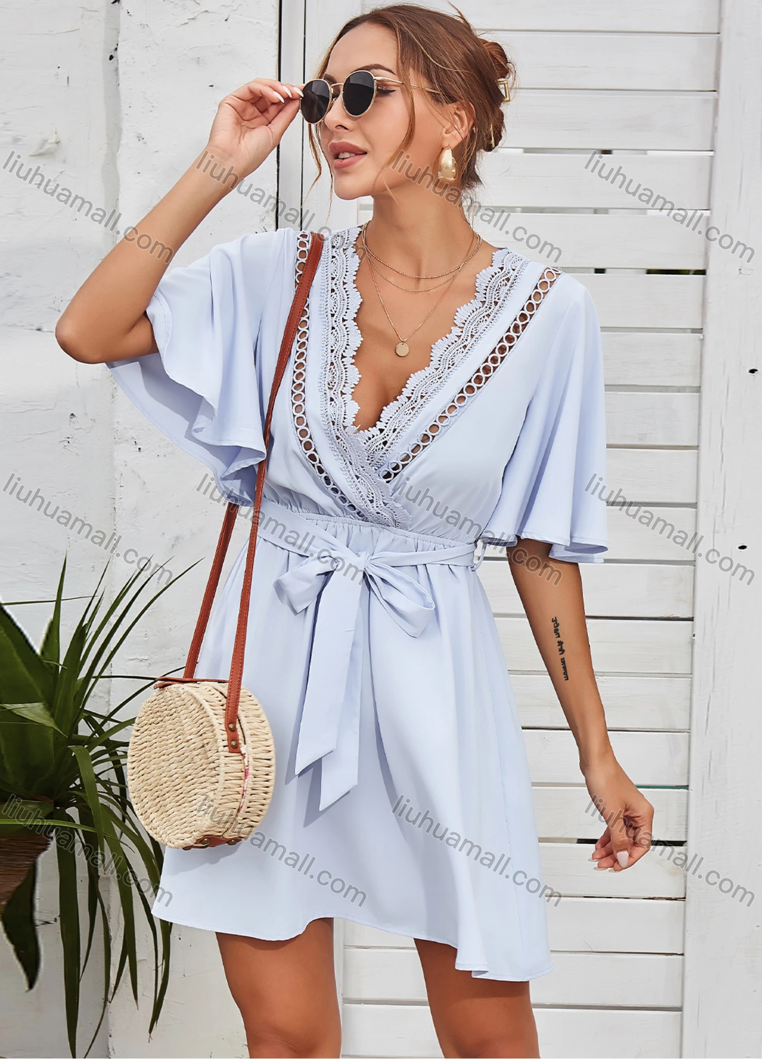 Wholesale Women's Deep V Neck Lace Embroidery Trim Drawstring Wrap Short Dress With Belt 3117G# - Liuhuamall