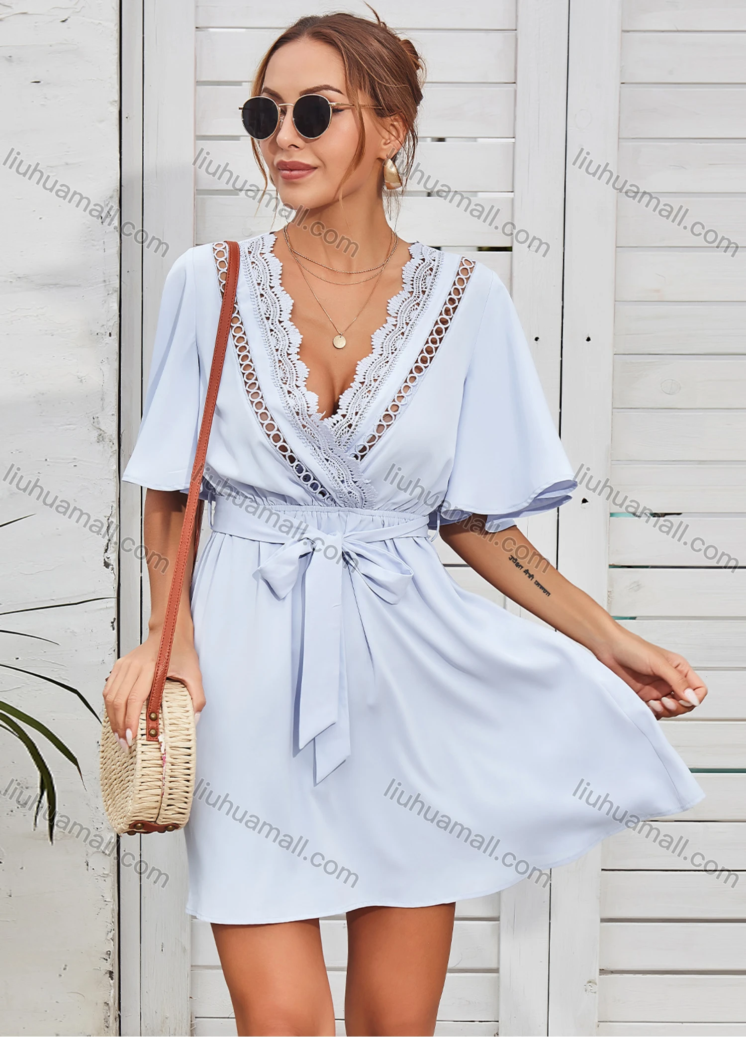 Wholesale Women's Deep V Neck Lace Embroidery Trim Drawstring Wrap Short Dress With Belt 3117G# - Liuhuamall
