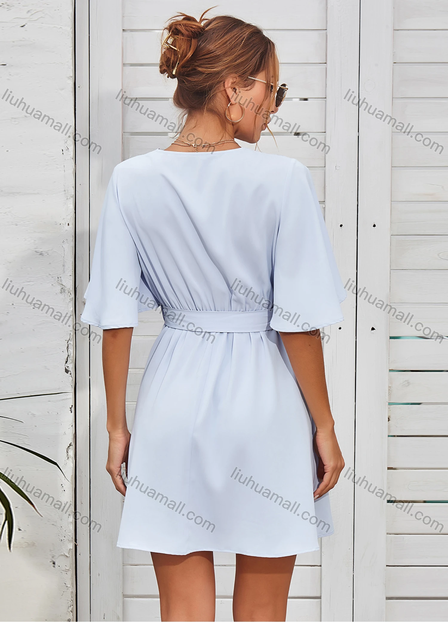 Wholesale Women's Deep V Neck Lace Embroidery Trim Drawstring Wrap Short Dress With Belt 3117G# - Liuhuamall