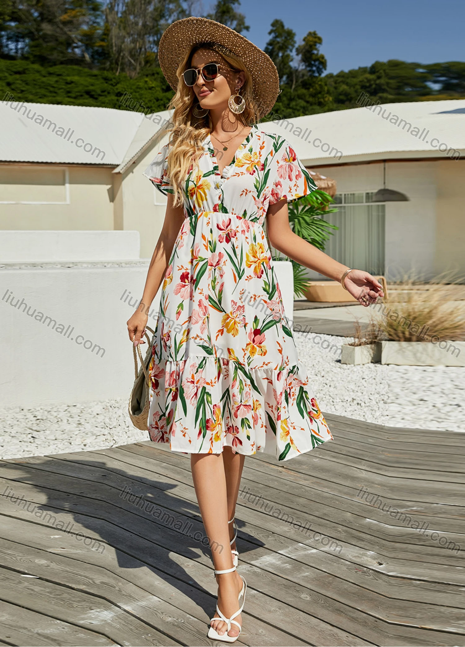 Wholesale Women's Casual V Neck Empire Waist Floral Ruffle Hem Knee Length Dress 3106X# - Liuhuamall