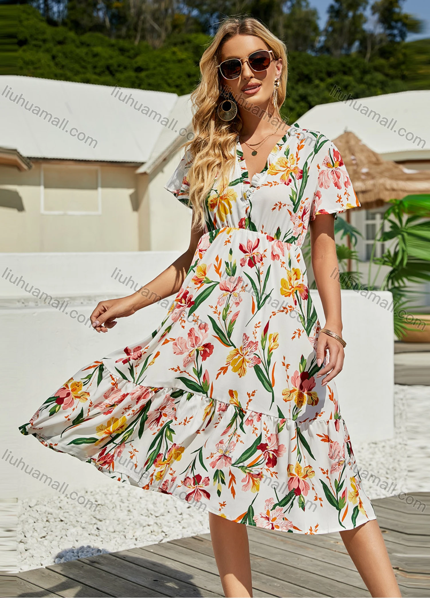 Wholesale Women's Casual V Neck Empire Waist Floral Ruffle Hem Knee Length Dress 3106X# - Liuhuamall